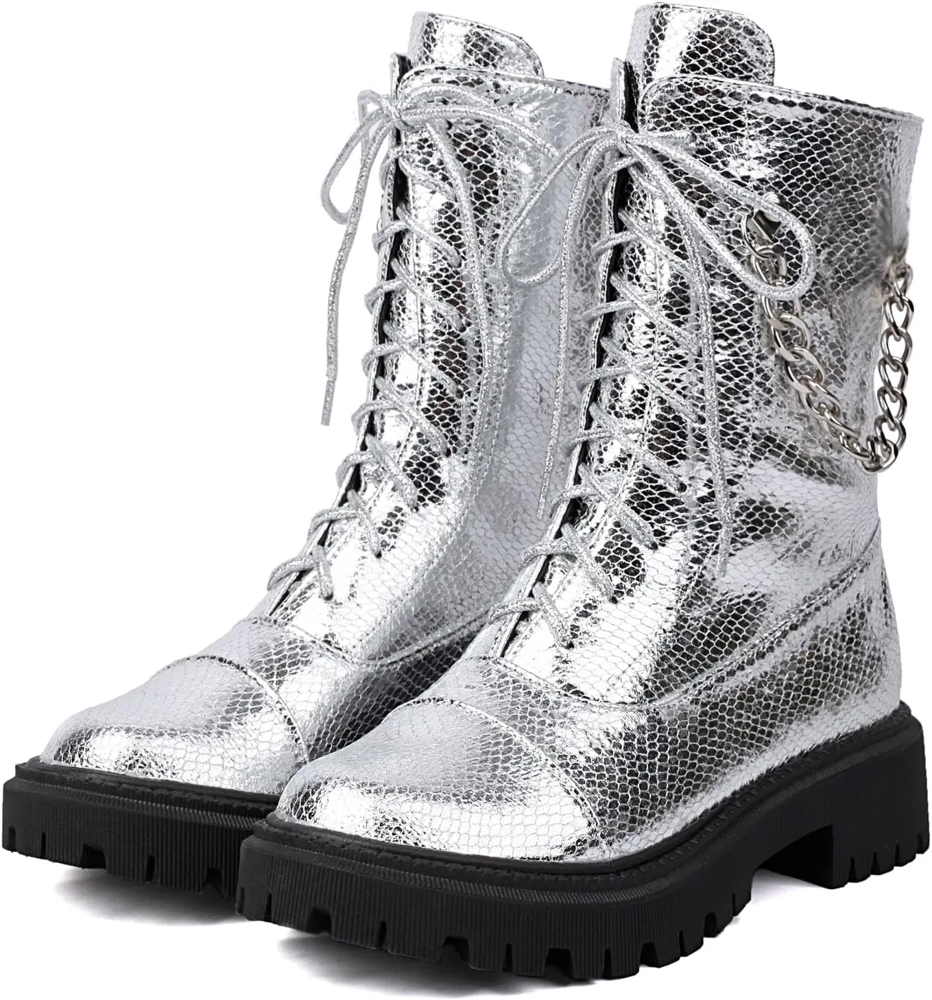 SHEMEE Women's Chunky Low Heels Ankle Boots Comfort Round Square Toe Lace Up Combat Boots Flats British Motorcycle Biker Boots