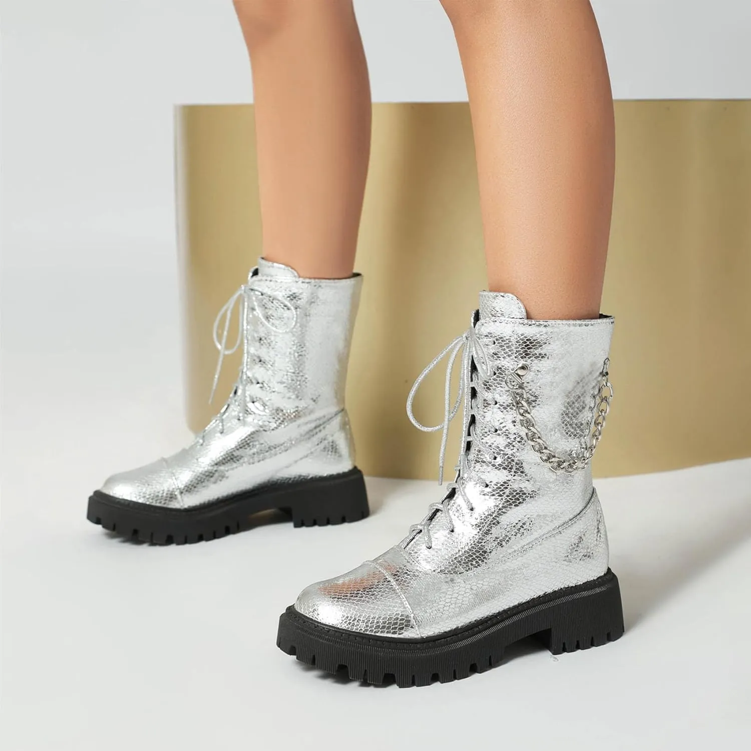 SHEMEE Women's Chunky Low Heels Ankle Boots Comfort Round Square Toe Lace Up Combat Boots Flats British Motorcycle Biker Boots