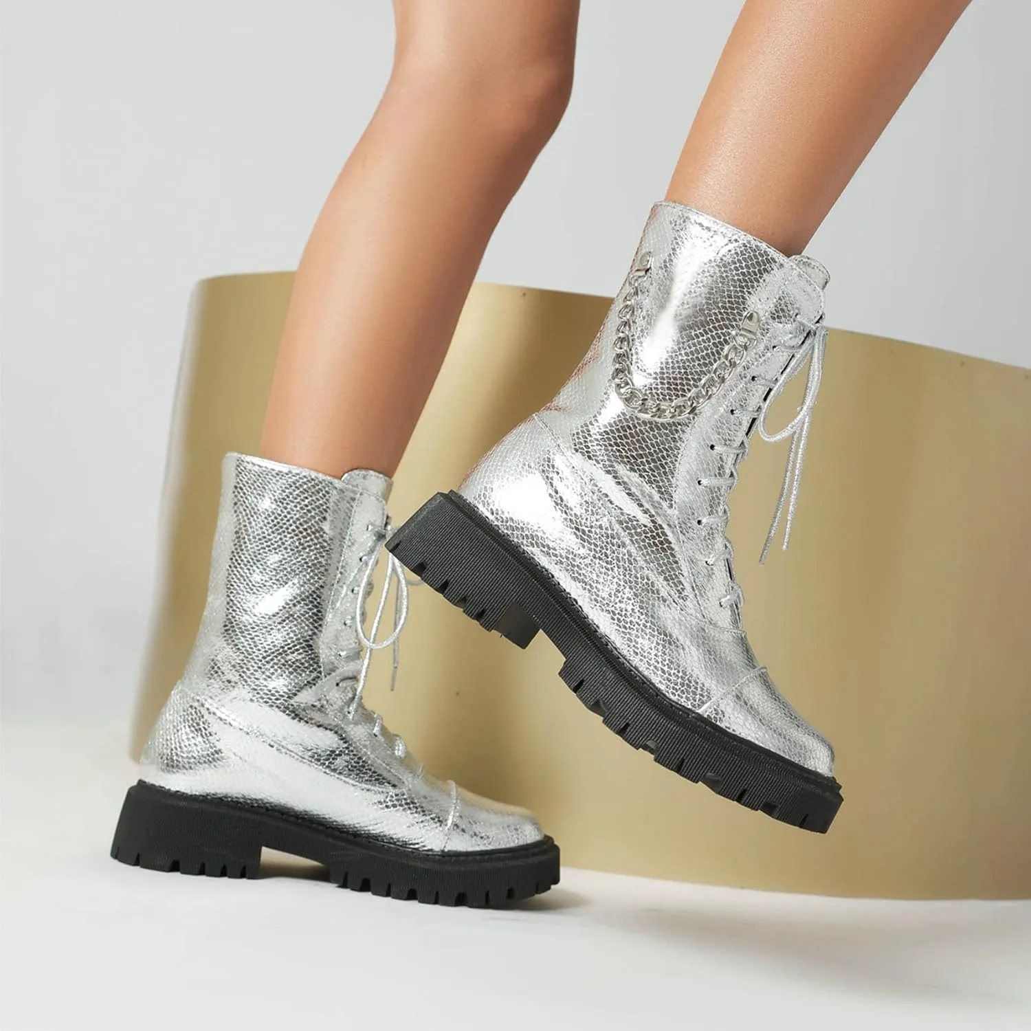 SHEMEE Women's Chunky Low Heels Ankle Boots Comfort Round Square Toe Lace Up Combat Boots Flats British Motorcycle Biker Boots