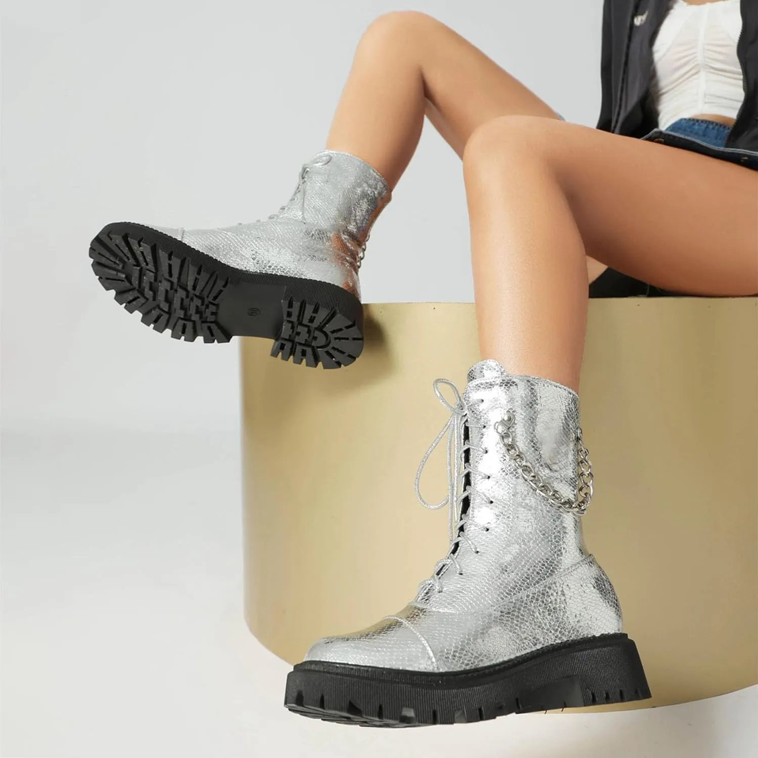 SHEMEE Women's Chunky Low Heels Ankle Boots Comfort Round Square Toe Lace Up Combat Boots Flats British Motorcycle Biker Boots