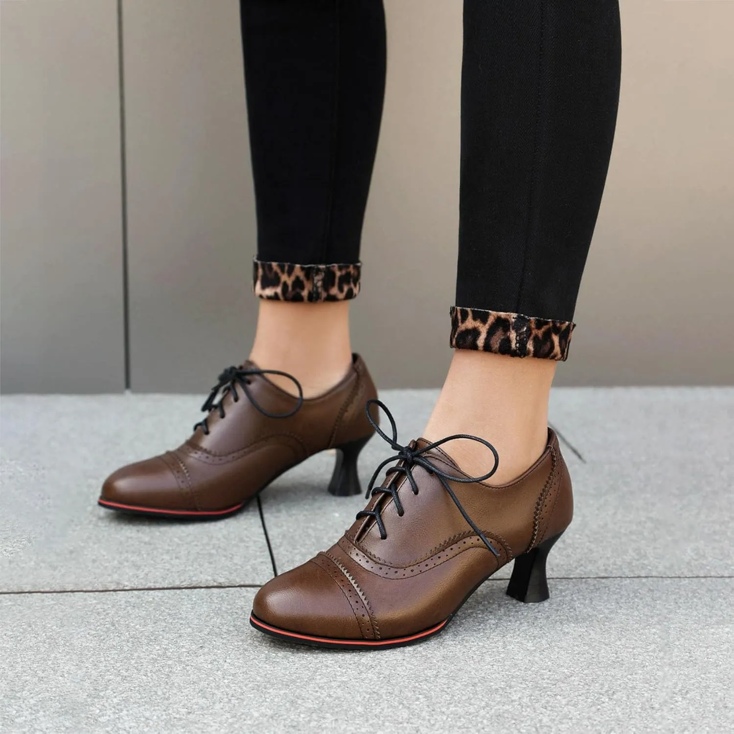 SHEMEE Women's Kitten Heels Oxford Pumps Victorian Style Vintage Mid-Heels Lace Up Brogues Witch Costume Cosplay Shoes