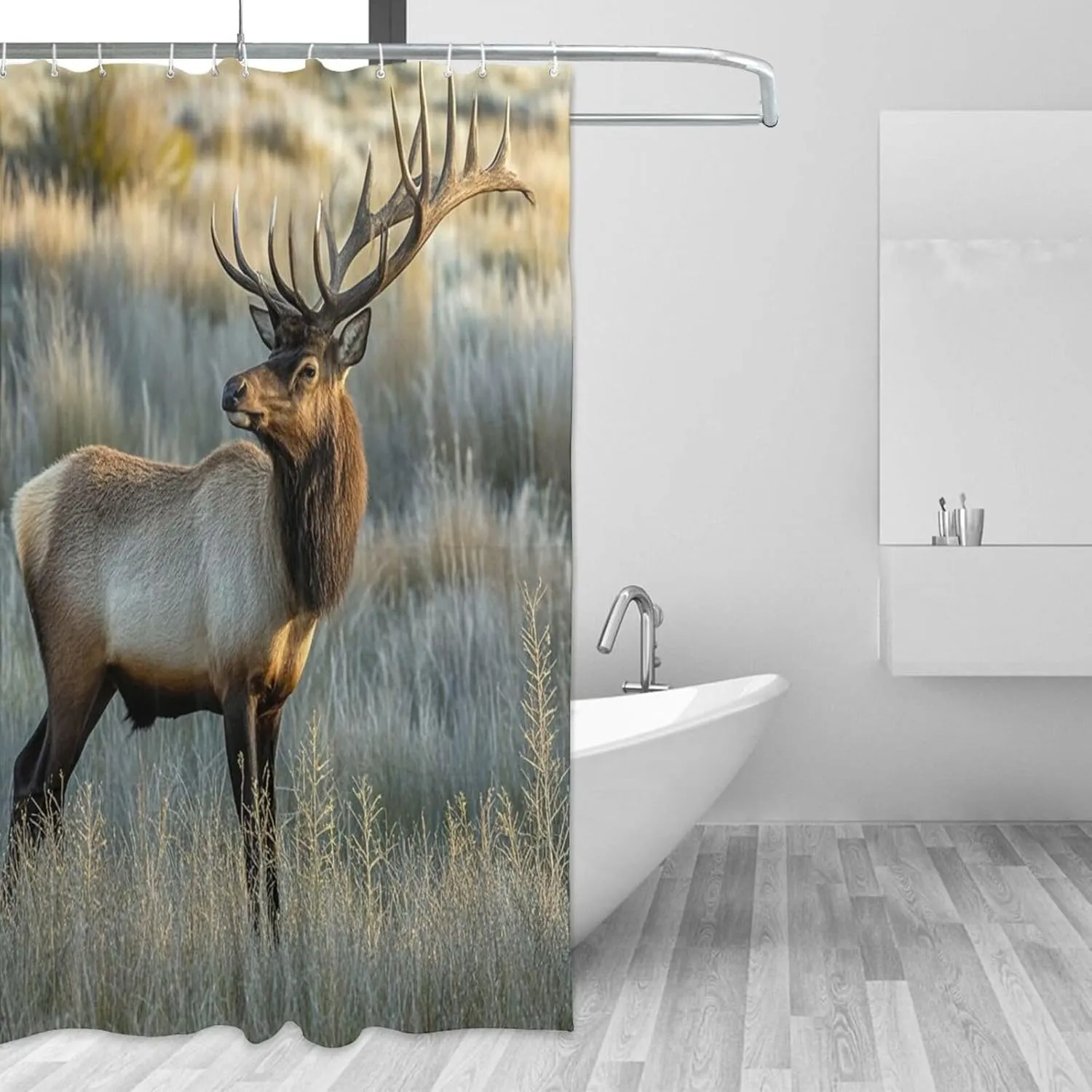 Shower Curtain Set with 12 Hooks Modern Art Bath Curtains Waterproof Fabric Washable Curtain Elk in The Meadow Shower Curtains for Bathroom Bathtub Decor 72 x 72 Inches
