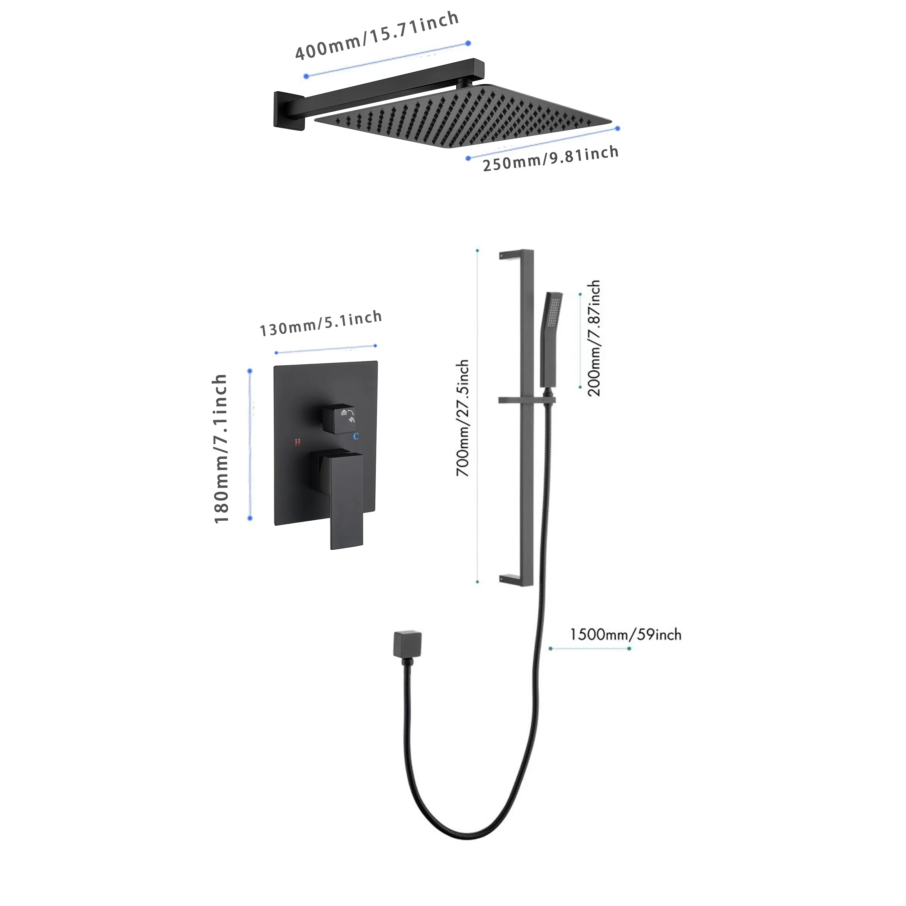 Shower System 10Inch Square Bathroom Luxury Rain Mixer Shower Combo Set Pressure Balanced Shower System with Shower Head, Hand Shower, Slide Bar, Shower Arm, Hose, and Valve Trim
