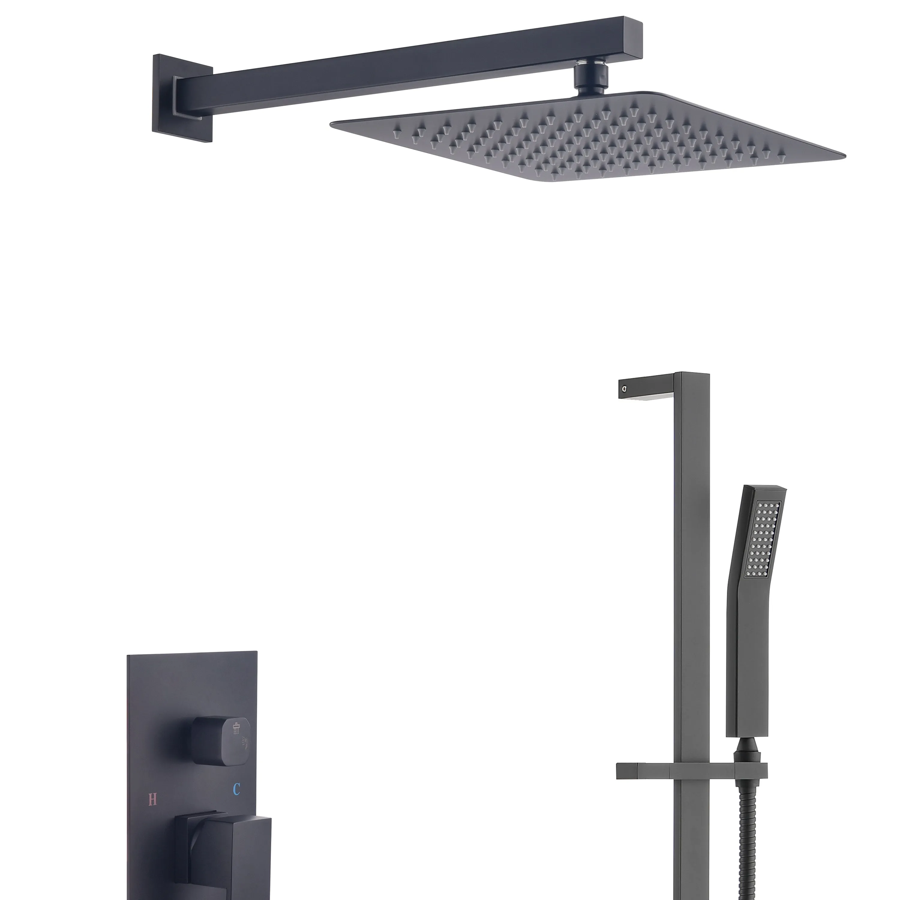 Shower System 10Inch Square Bathroom Luxury Rain Mixer Shower Combo Set Pressure Balanced Shower System with Shower Head, Hand Shower, Slide Bar, Shower Arm, Hose, and Valve Trim