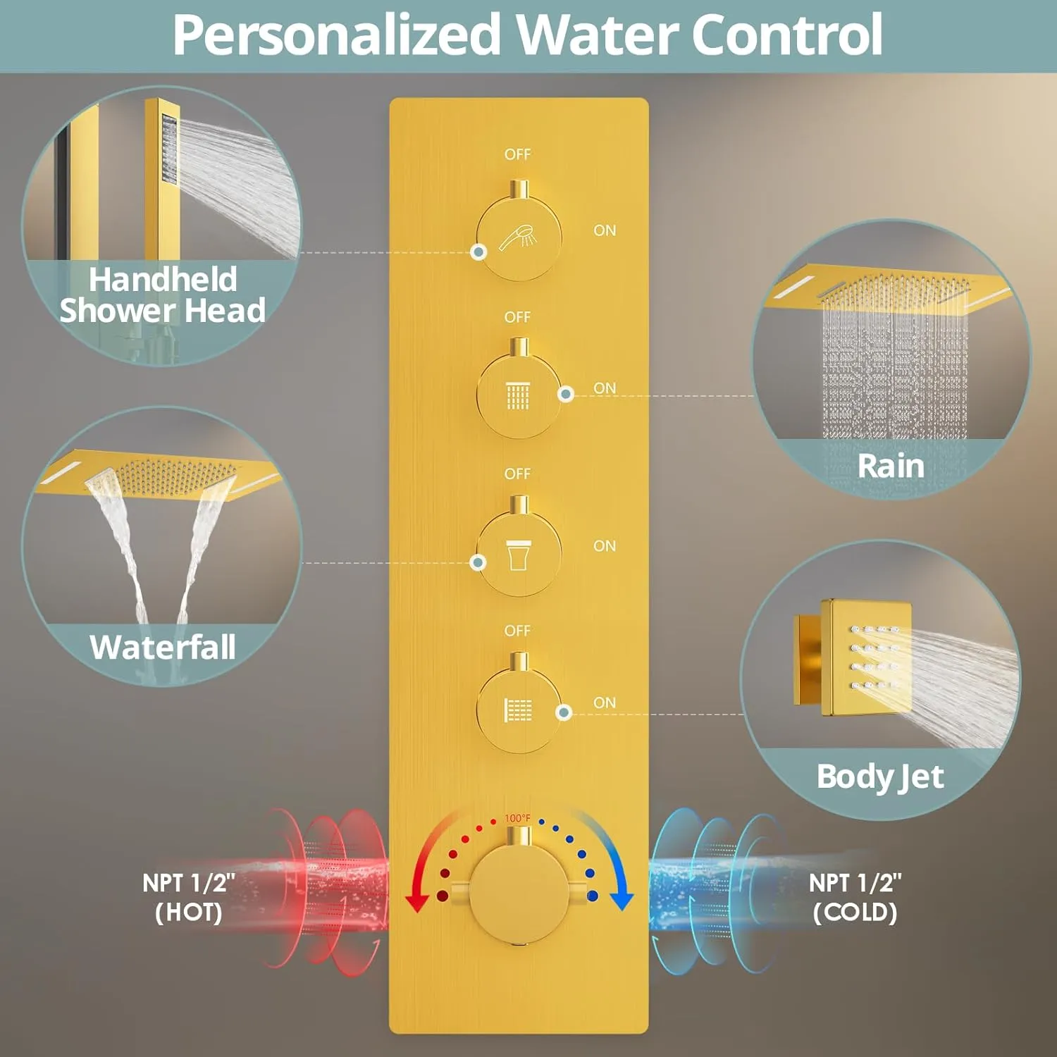 Shower System with Body Jets: EVERSTEIN Thermostatic Shower Faucets Sets with 64 Led Lights, Ceiling Dual function Shower Head with Adjustable Slide Bar Handheld Sprayer and 6 Body Jets, Brushed Gold