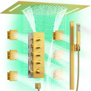 Shower System with Body Jets: EVERSTEIN Thermostatic Shower Faucets Sets with 64 Led Lights, Ceiling Dual function Shower Head with Adjustable Slide Bar Handheld Sprayer and 6 Body Jets, Brushed Gold