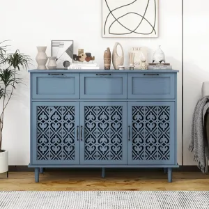Sideboard Buffet Cabinet with Storage - Accent Storage Cabinet with Hollow Carved Pattern, Modern 3 Door 3 Drawer Farmhouse Wood Credenza for Living Room, Dining Room (Blue)