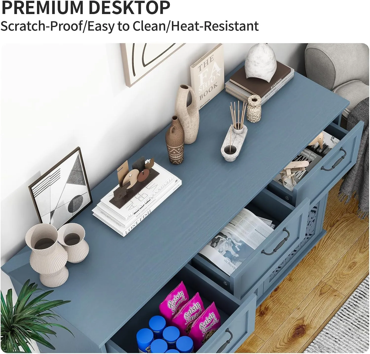 Sideboard Buffet Cabinet with Storage - Accent Storage Cabinet with Hollow Carved Pattern, Modern 3 Door 3 Drawer Farmhouse Wood Credenza for Living Room, Dining Room (Blue)