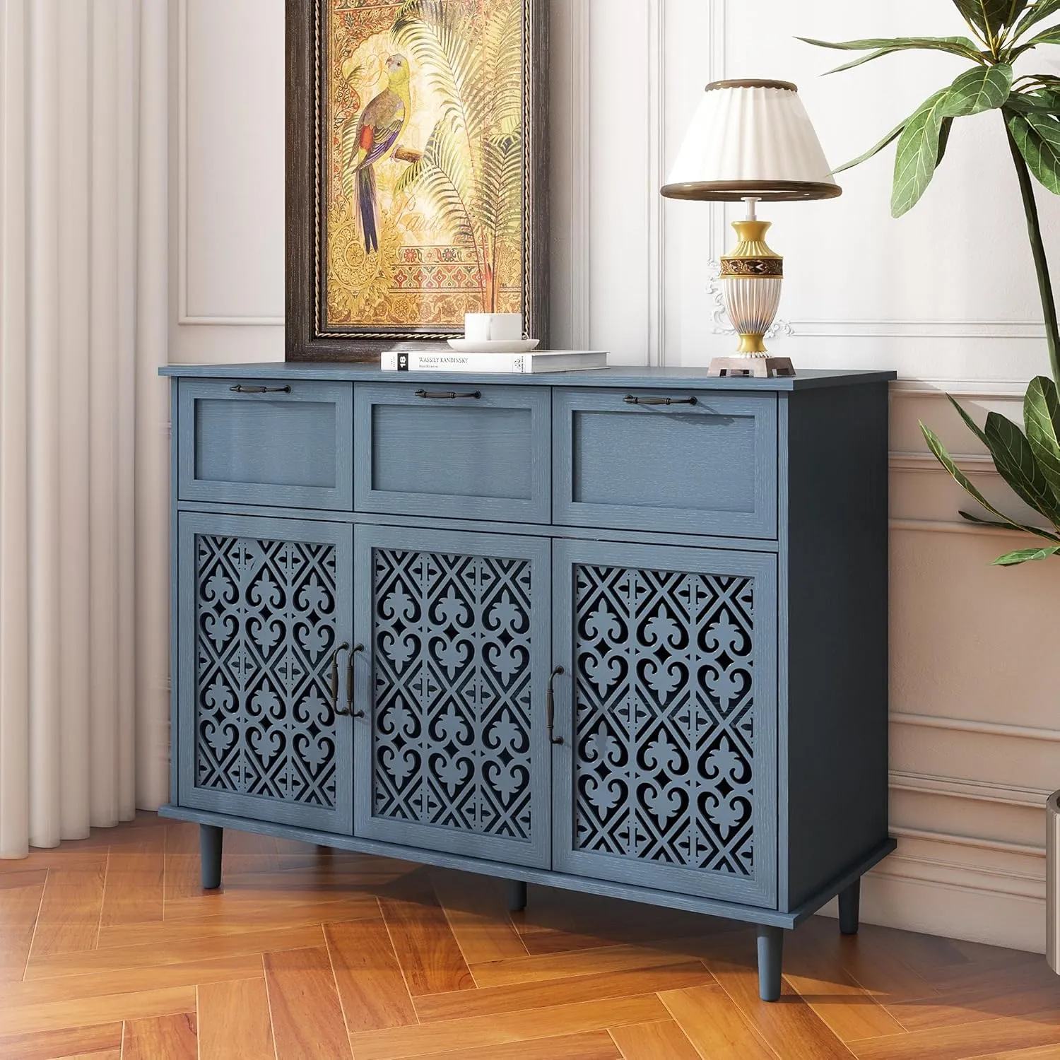 Sideboard Buffet Cabinet with Storage - Accent Storage Cabinet with Hollow Carved Pattern, Modern 3 Door 3 Drawer Farmhouse Wood Credenza for Living Room, Dining Room (Blue)
