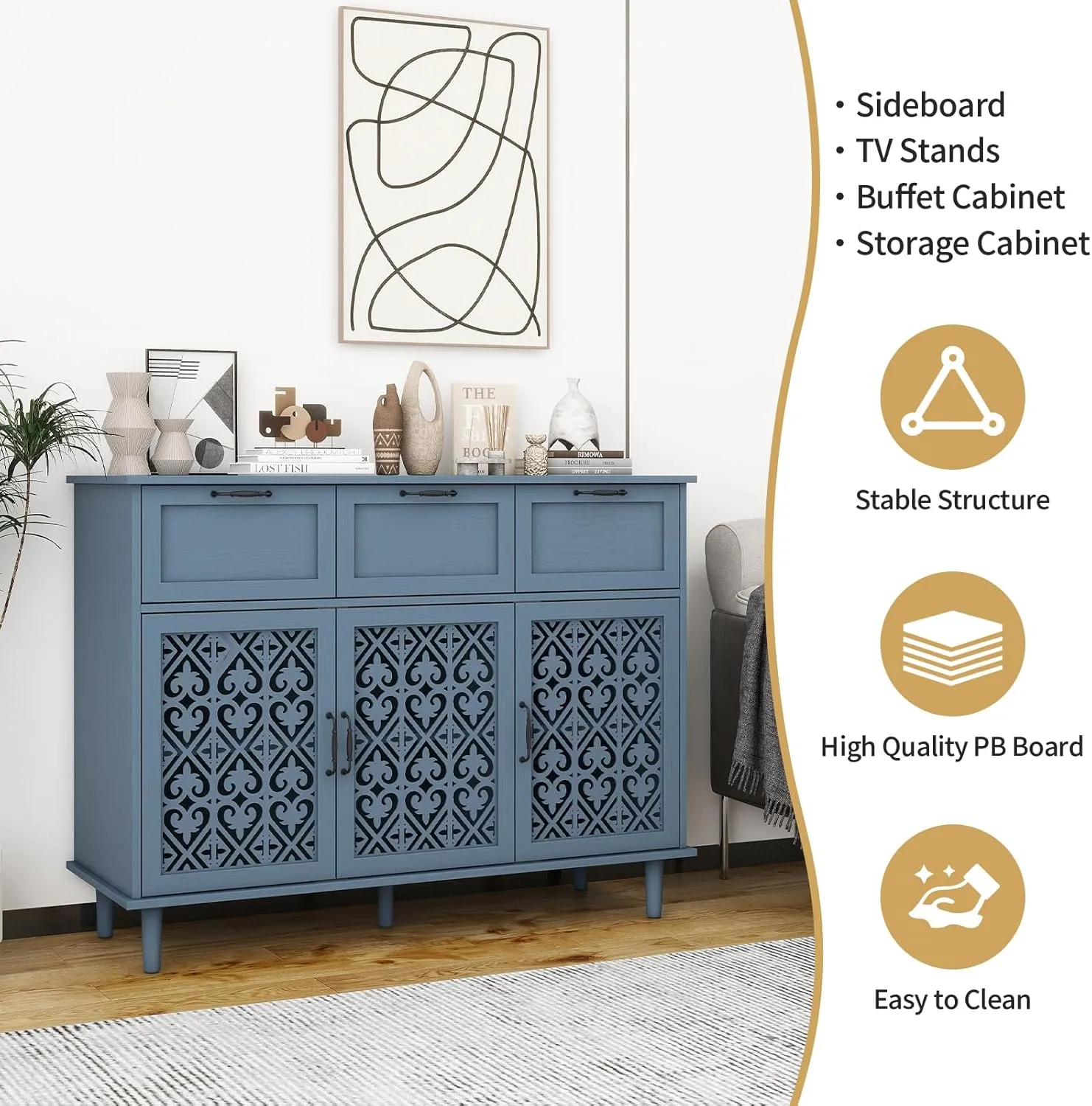 Sideboard Buffet Cabinet with Storage - Accent Storage Cabinet with Hollow Carved Pattern, Modern 3 Door 3 Drawer Farmhouse Wood Credenza for Living Room, Dining Room (Blue)
