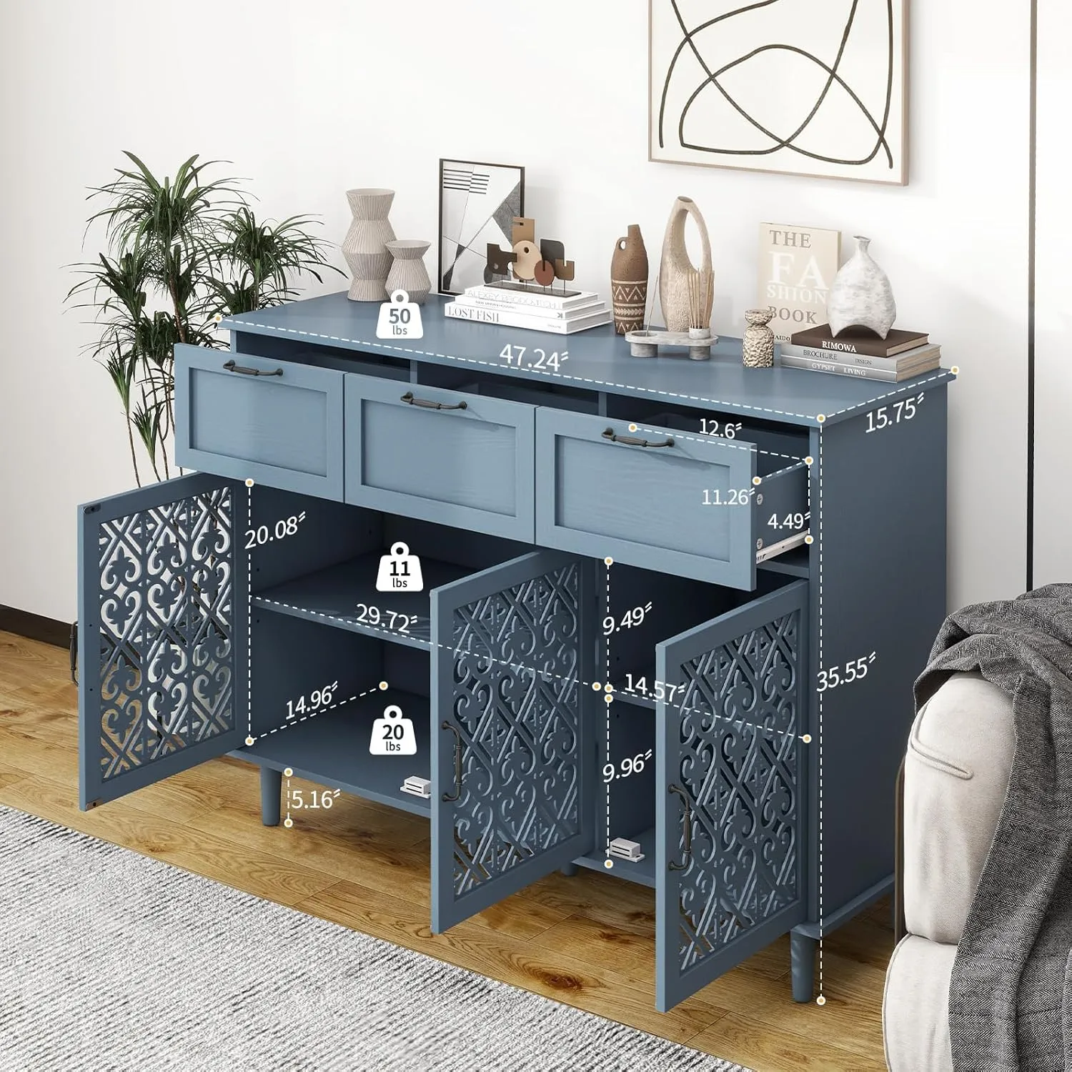 Sideboard Buffet Cabinet with Storage - Accent Storage Cabinet with Hollow Carved Pattern, Modern 3 Door 3 Drawer Farmhouse Wood Credenza for Living Room, Dining Room (Blue)