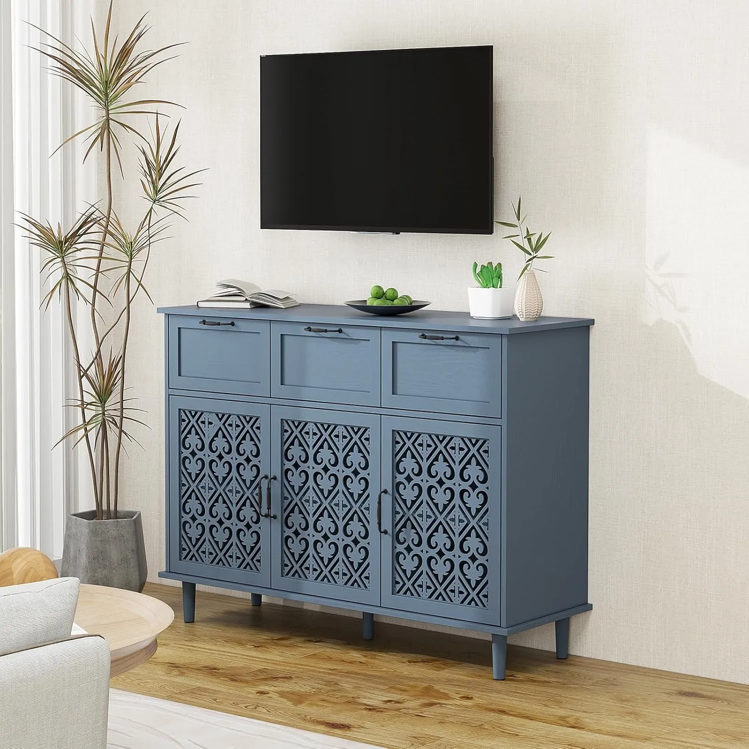Sideboard Buffet Cabinet with Storage - Accent Storage Cabinet with Hollow Carved Pattern, Modern 3 Door 3 Drawer Farmhouse Wood Credenza for Living Room, Dining Room (Blue)