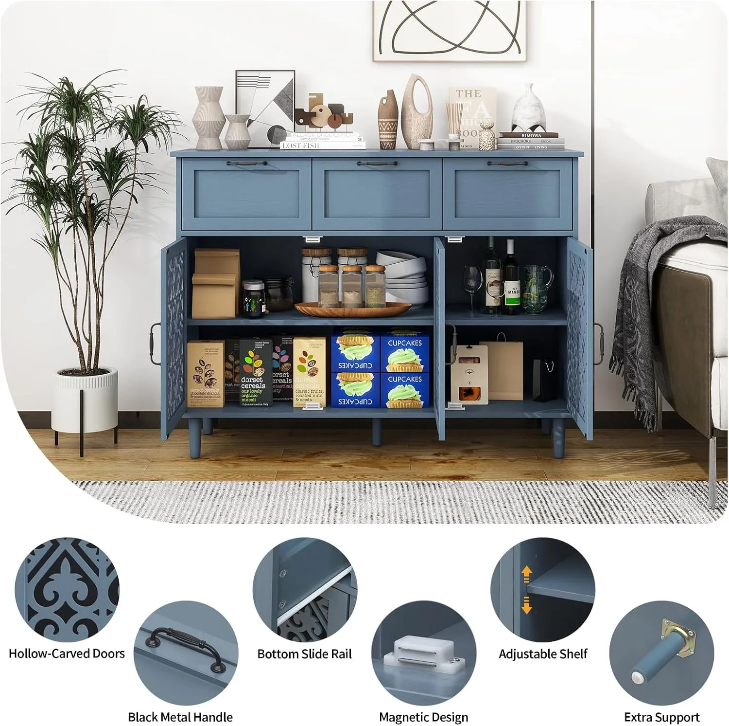 Sideboard Buffet Cabinet with Storage - Accent Storage Cabinet with Hollow Carved Pattern, Modern 3 Door 3 Drawer Farmhouse Wood Credenza for Living Room, Dining Room (Blue)
