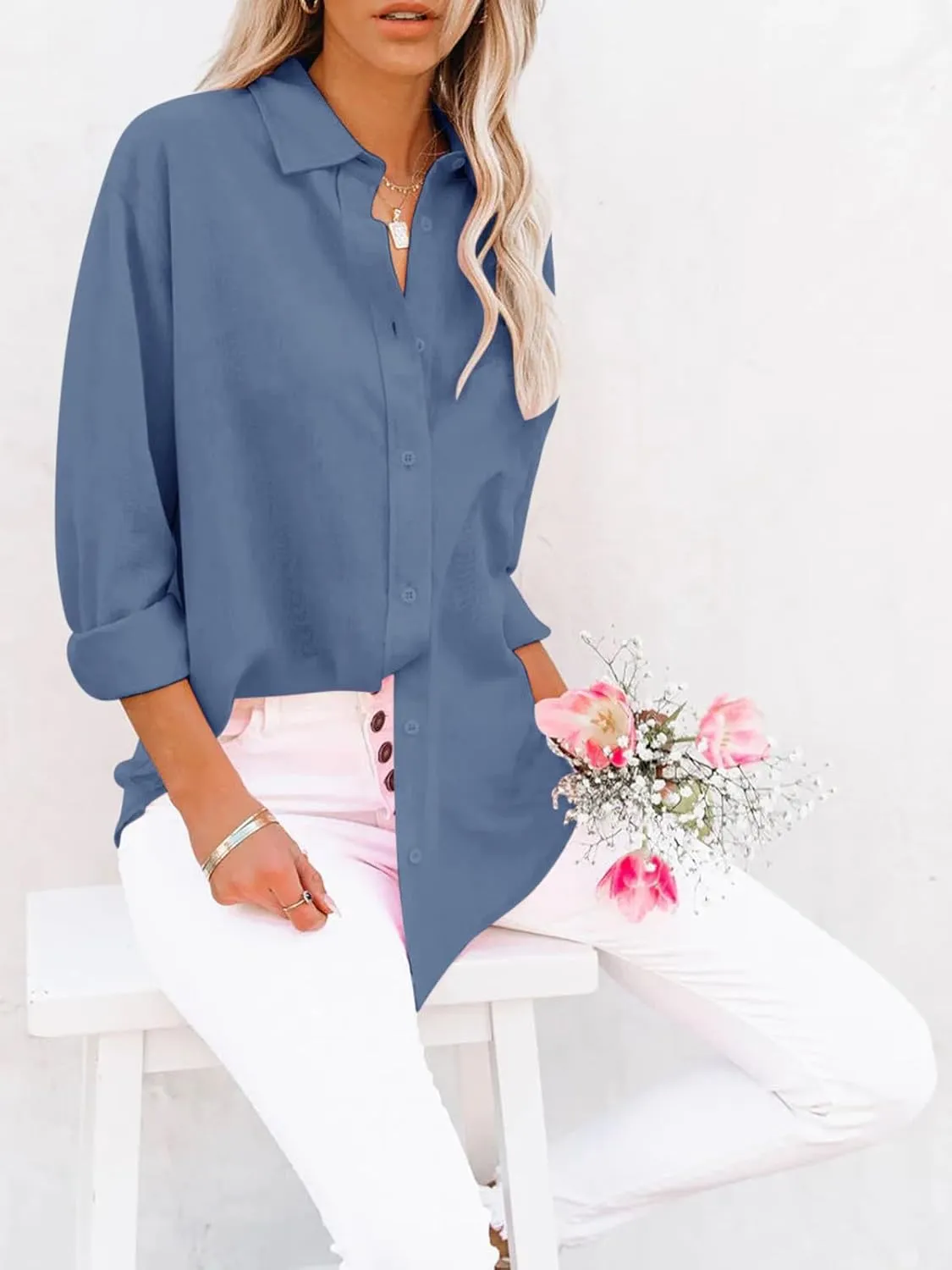siliteelon Button Down Shirts for Women Dress Shirts Long Sleeve Wrinkle-Free Blouse Casual Solid Office Work Tunic Top