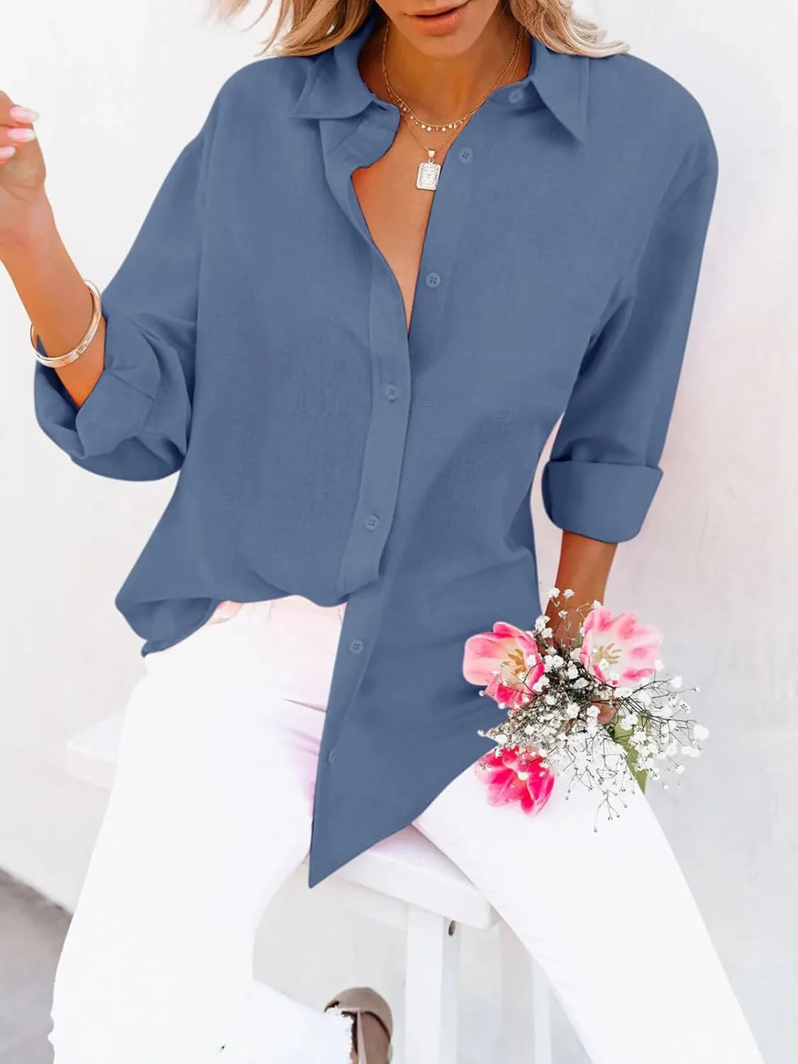 siliteelon Button Down Shirts for Women Dress Shirts Long Sleeve Wrinkle-Free Blouse Casual Solid Office Work Tunic Top