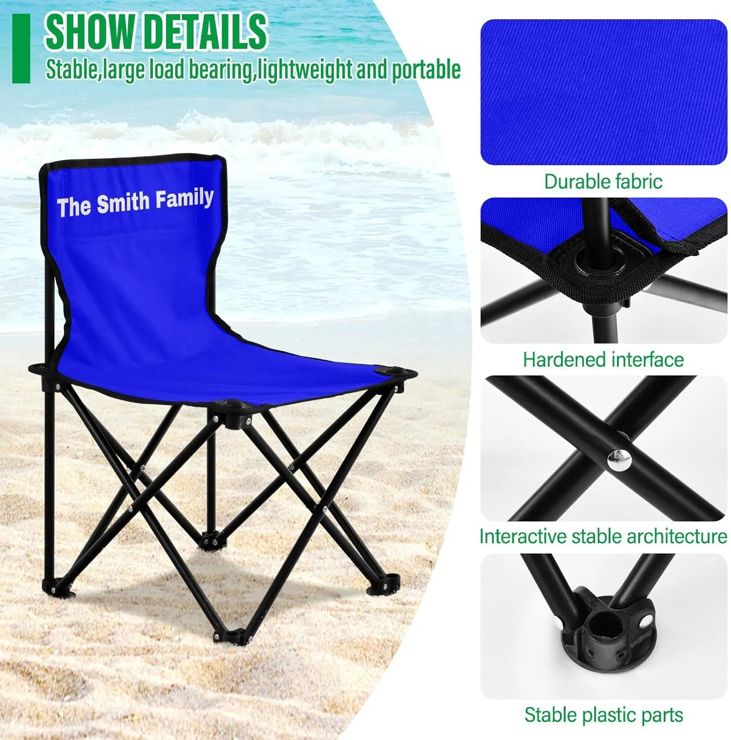 Sinestour Blue Custom Folding Camping Chair for Teen Child Personalized 14.6×14.6in Portable Outdoor Chair with Carry Bag for Barbeques Travel Lawn