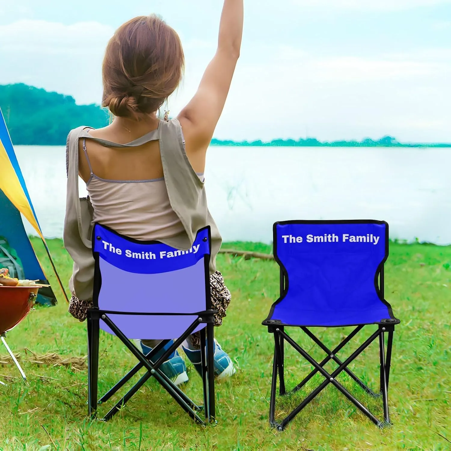 Sinestour Blue Custom Folding Camping Chair for Teen Child Personalized 14.6×14.6in Portable Outdoor Chair with Carry Bag for Barbeques Travel Lawn