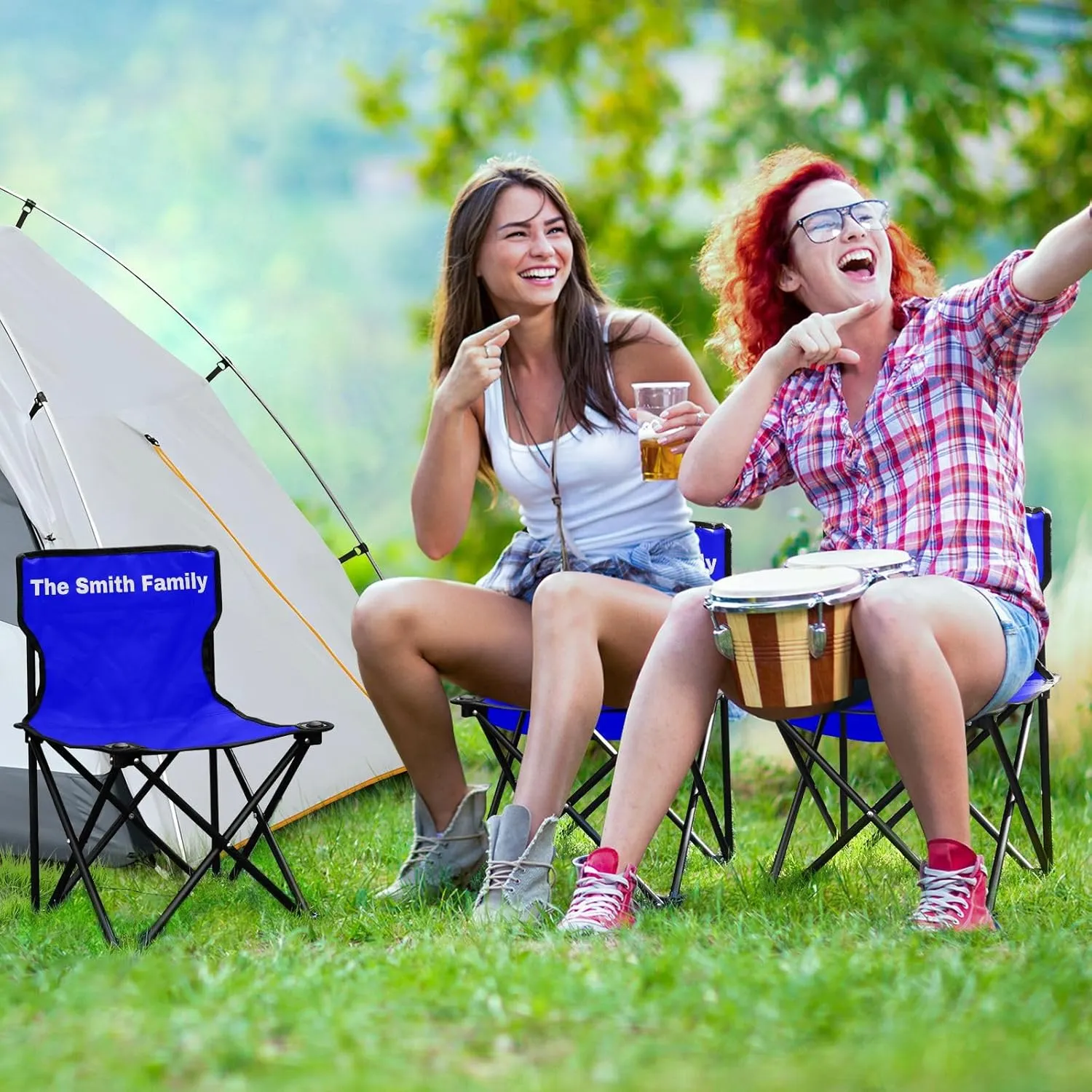 Sinestour Blue Custom Folding Camping Chair for Teen Child Personalized 14.6×14.6in Portable Outdoor Chair with Carry Bag for Barbeques Travel Lawn