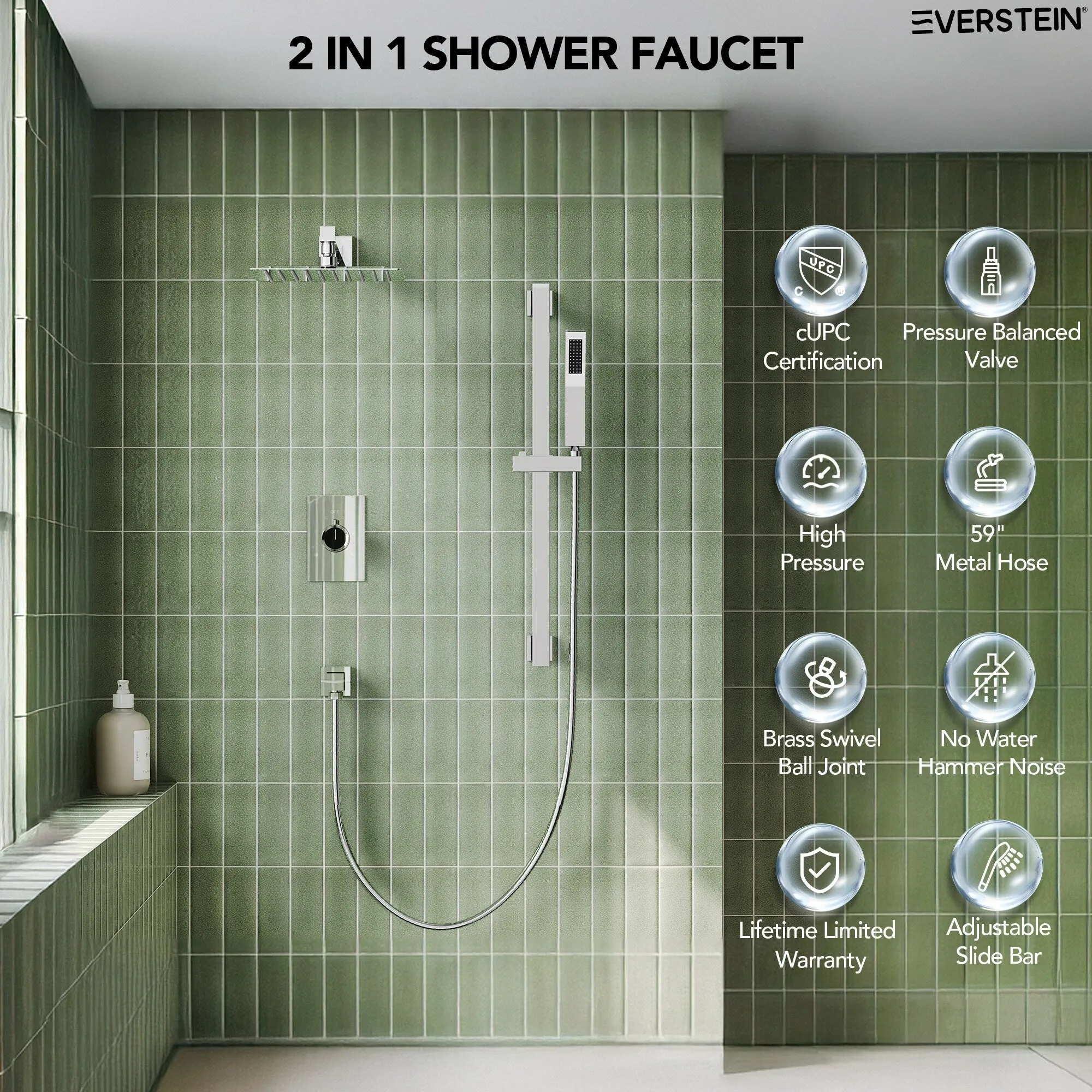 Slide Bar High-Pressure Balancing Shower System 10" Rainfall Shower Head with Handheld Shower