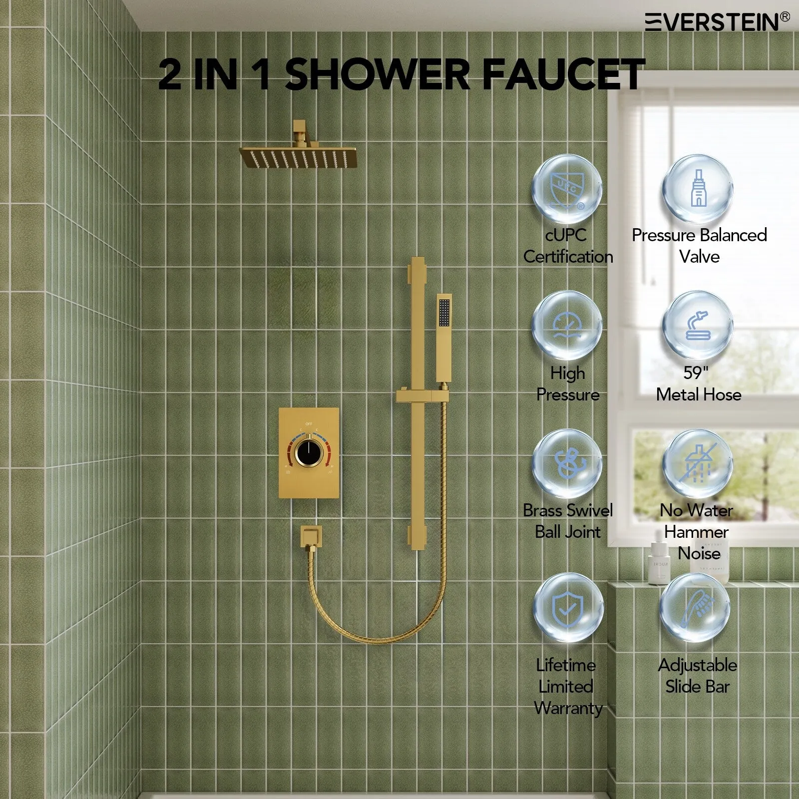 Slide Bar High-Pressure Balancing Shower System 10" Rainfall Shower Head with Handheld Shower