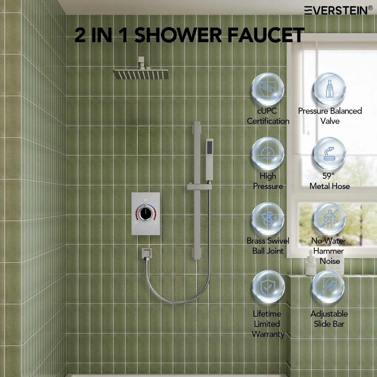 Slide Bar High-Pressure Balancing Shower System 10" Rainfall Shower Head with Handheld Shower