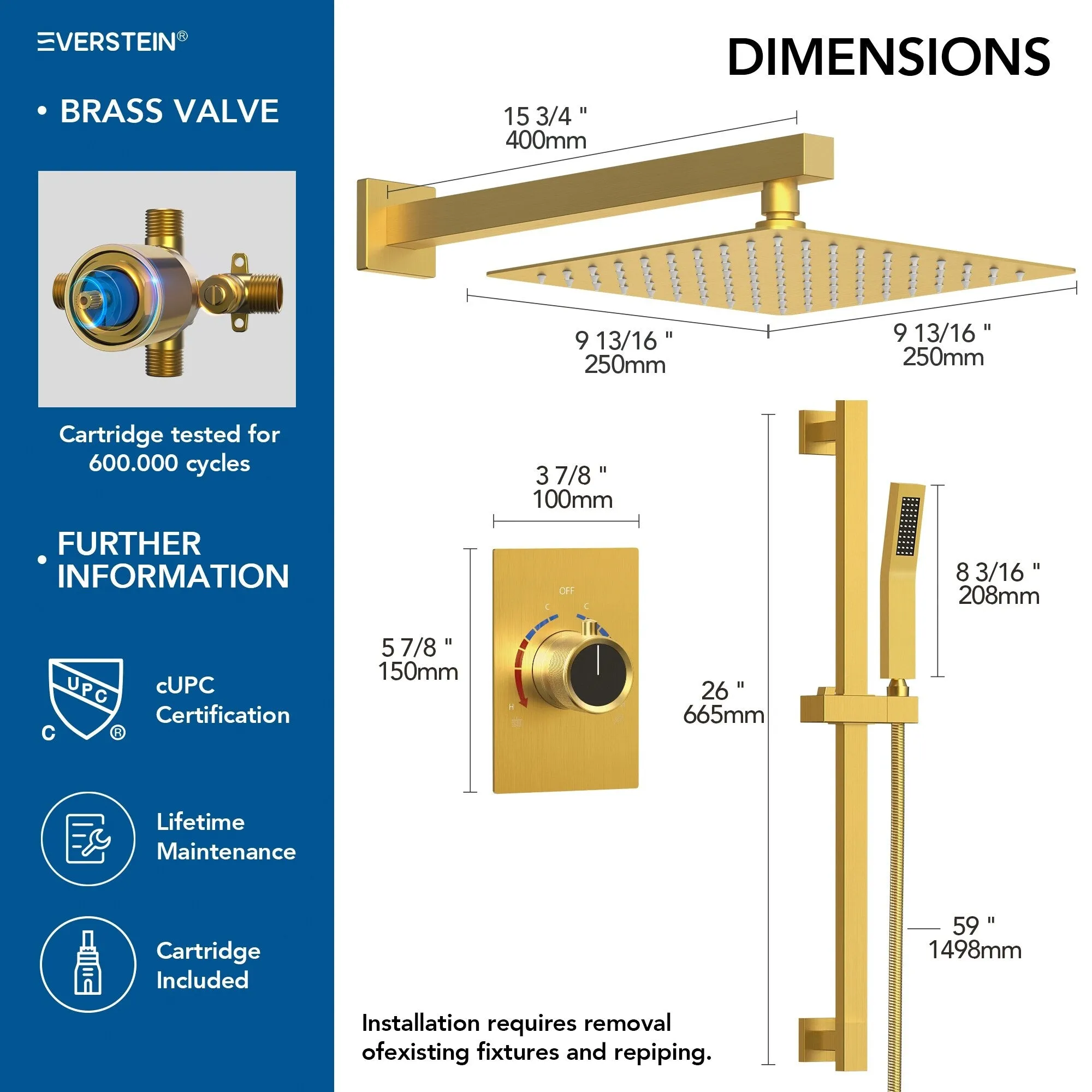 Slide Bar High-Pressure Balancing Shower System 10" Rainfall Shower Head with Handheld Shower