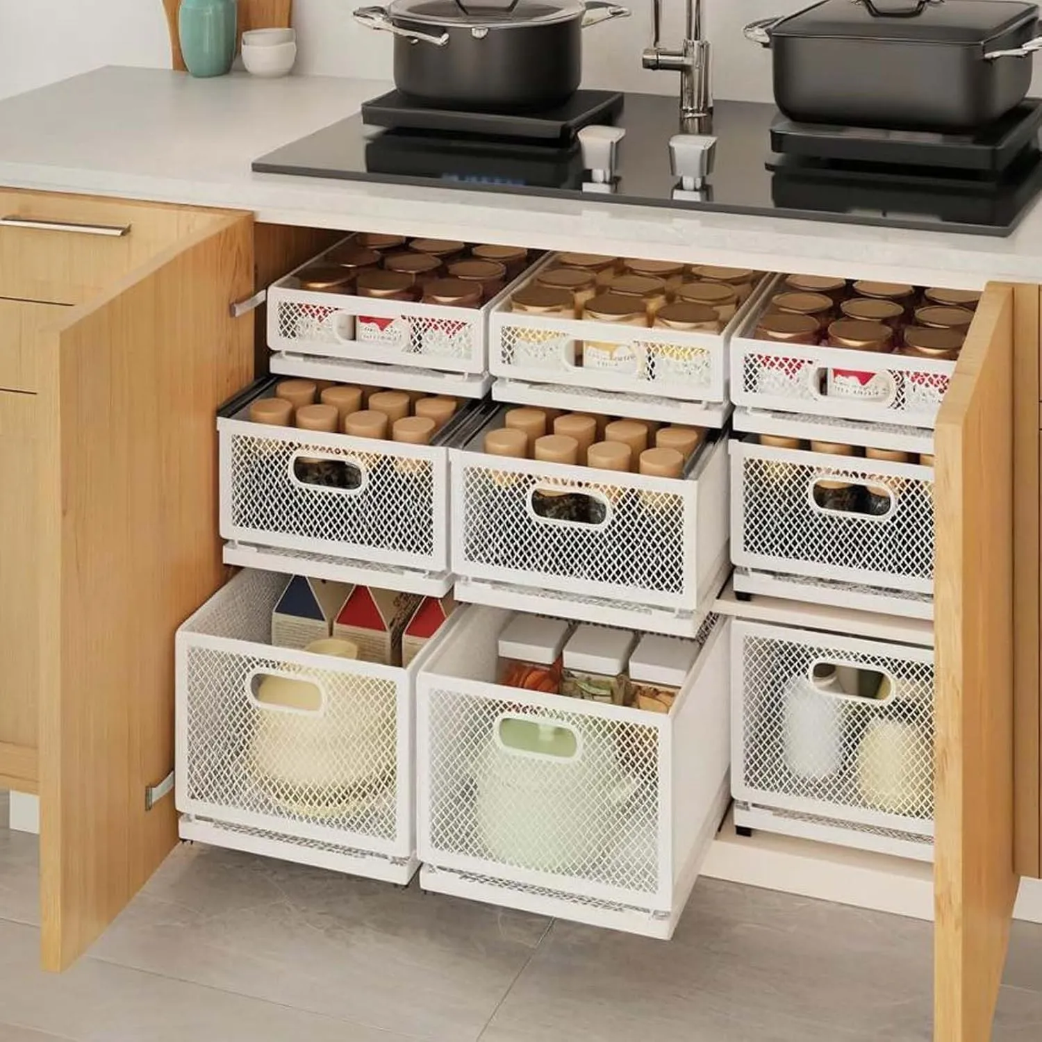 Slide-Out Storage Baskets W9.4"xD11.8"xH6.1" Rustproof Carbon Steel pull out Organizers with Super Strong Adhesive for Home Kitchen Drawers, Shelves, Cabinets