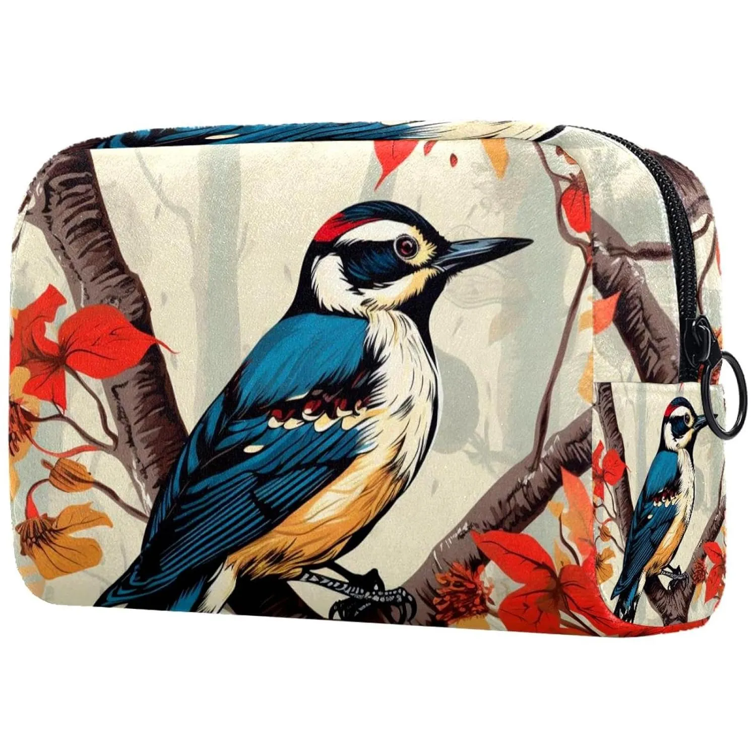 Small Makeup Bag Pouch for Purse, Travel Cosmetic Bag, Portable Toiletry Bag for Women Girls Gifts - Woodpecker Bird on Red Berries Branch