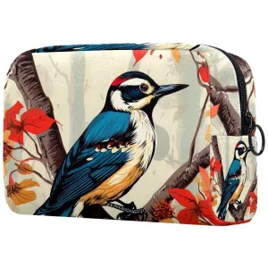 Small Makeup Bag Pouch for Purse, Travel Cosmetic Bag, Portable Toiletry Bag for Women Girls Gifts - Woodpecker Bird on Red Berries Branch