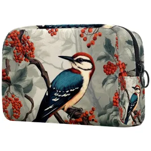 Small Makeup Bag Pouch for Purse, Travel Cosmetic Bag, Portable Toiletry Bag for Women Girls Gifts - Woodpecker Bird on Red Berries Branch