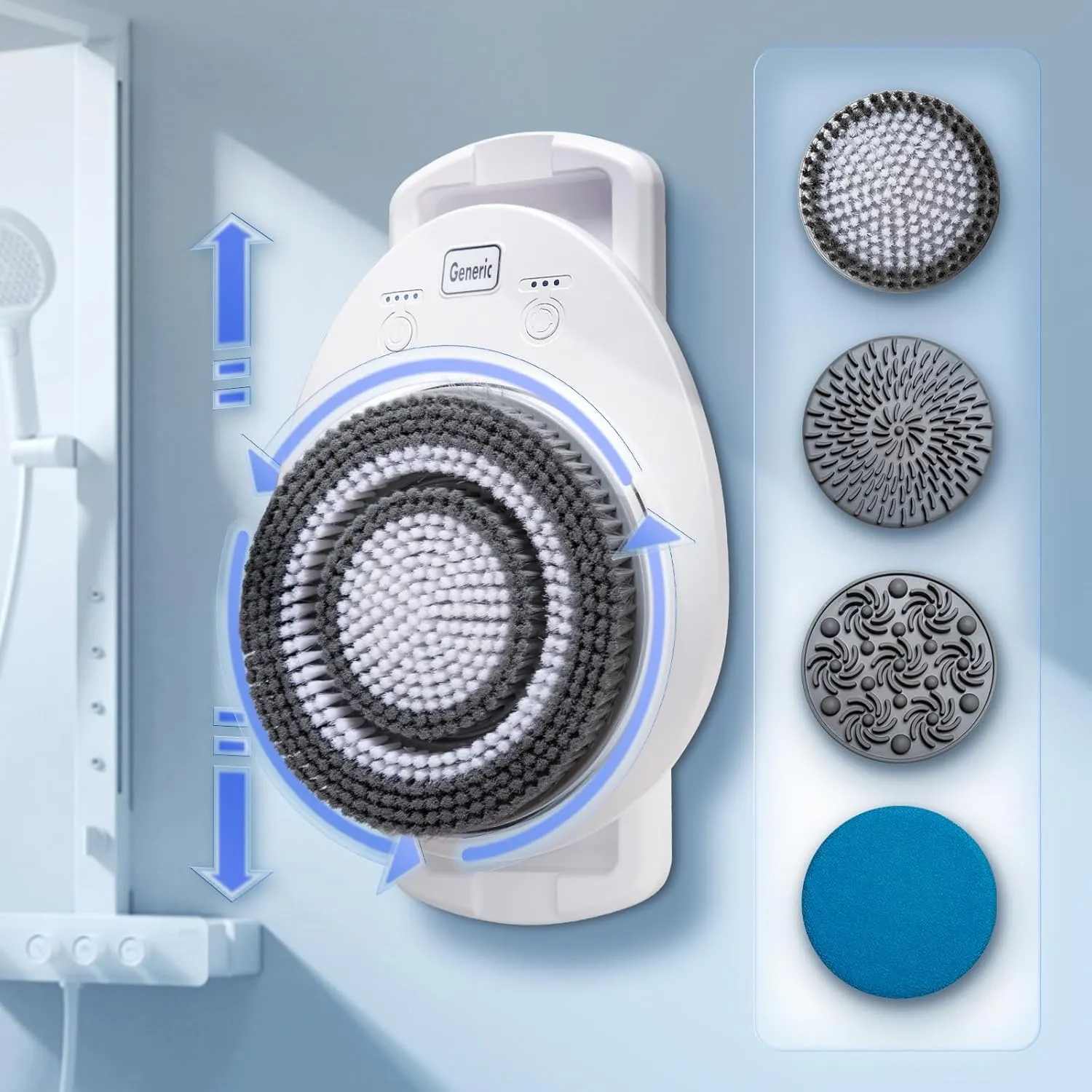 Smart Wall Mounted Exfoliating Brush, Electric Body Scrubber with 4 Replaceable Heads, 7''Large Back Scrubber for Shower Wall, 3 Speed Adjustment Spin Scrubber for Back Cleansing