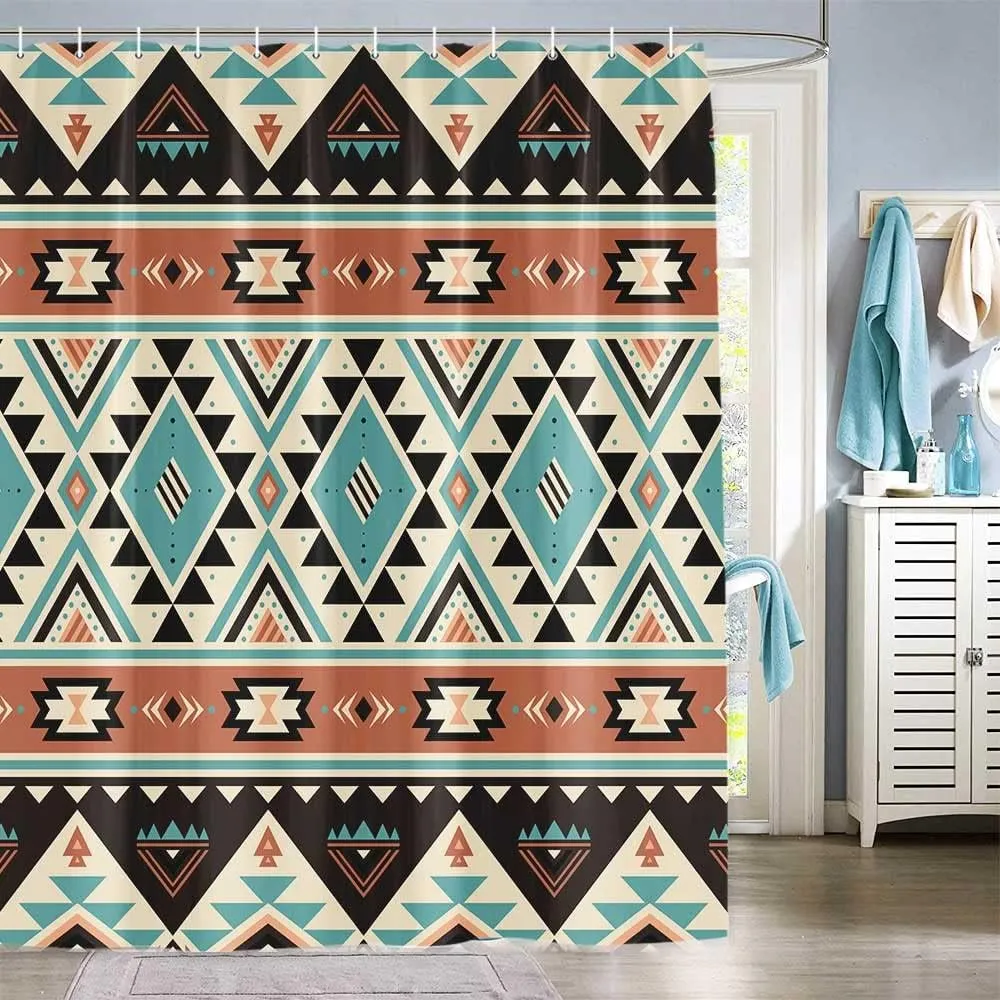 Southwestern Tribal Aztec Shower Curtain for Bathroom, American Native Ethnic Geometric Western Boho Shower Curtain Sets, Waterproof Fabric Bathroom Accessories Sets with Hooks
