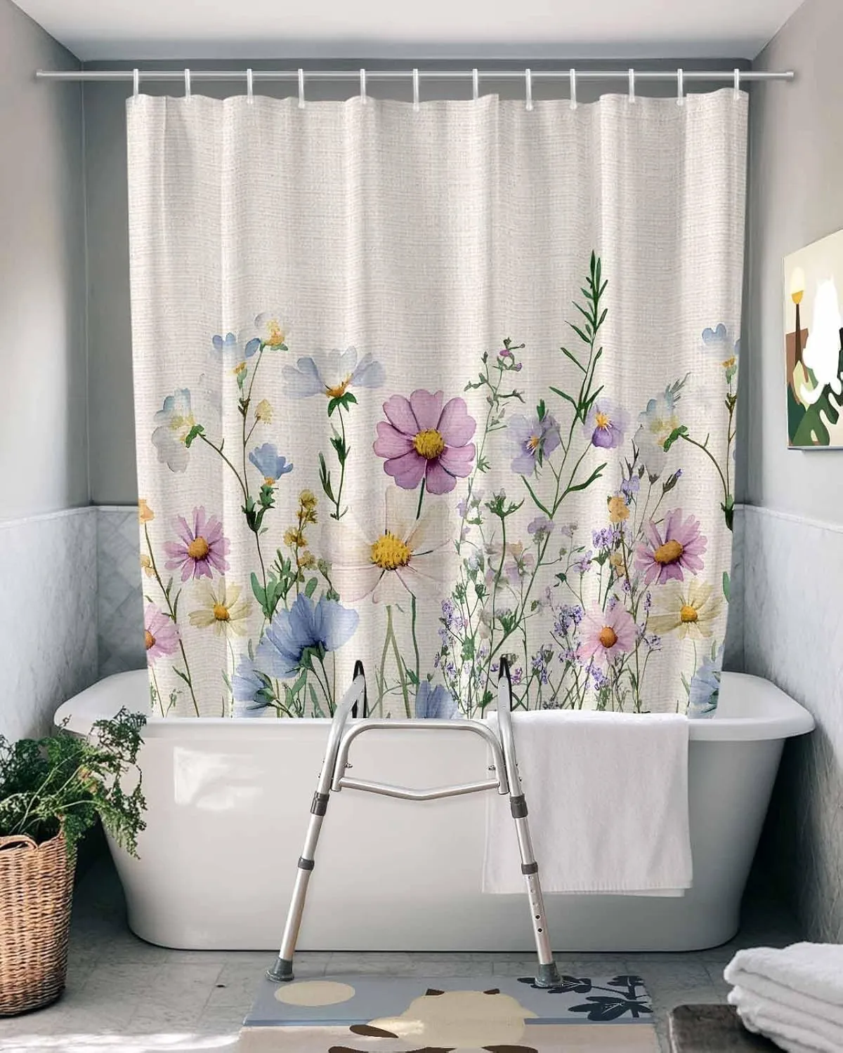 Split Shower Curtain for Transfer Bench, Spring Wildflower Shower Curtain Farmhouse Floral Bath Tub Curtains Rustic Watercolor Botanical Waterproof Fabric Bathroom Curtains Set with Hooks 72"x72"