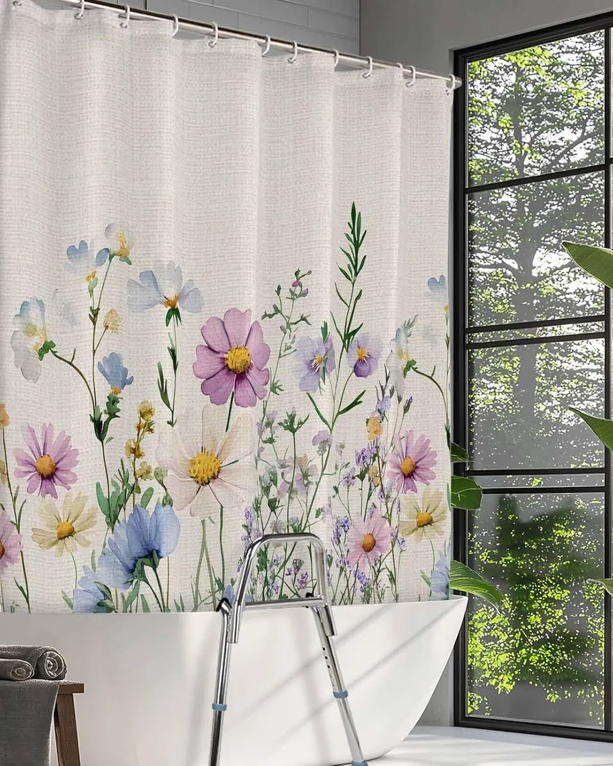 Split Shower Curtain for Transfer Bench, Spring Wildflower Shower Curtain Farmhouse Floral Bath Tub Curtains Rustic Watercolor Botanical Waterproof Fabric Bathroom Curtains Set with Hooks 72"x72"