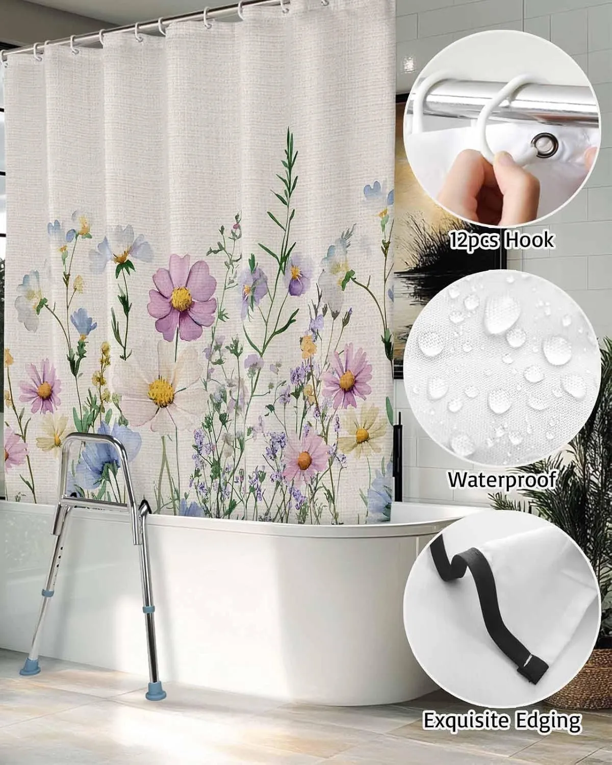 Split Shower Curtain for Transfer Bench, Spring Wildflower Shower Curtain Farmhouse Floral Bath Tub Curtains Rustic Watercolor Botanical Waterproof Fabric Bathroom Curtains Set with Hooks 72"x72"