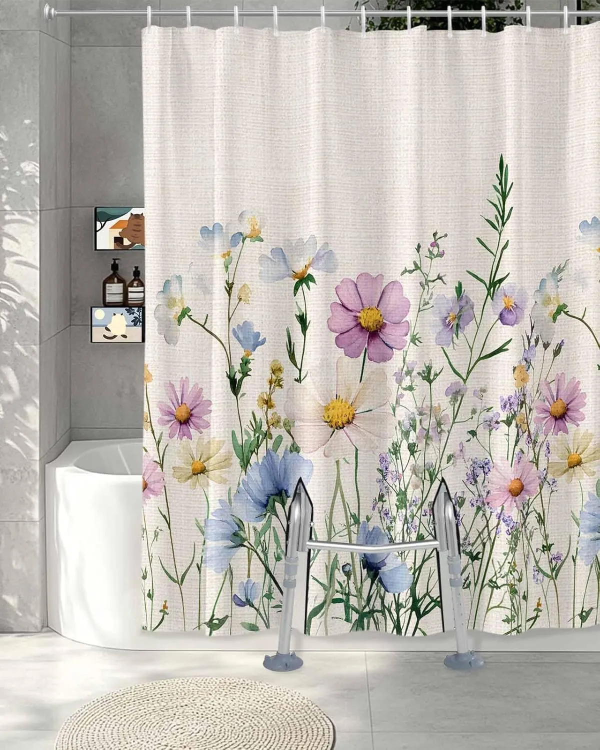 Split Shower Curtain for Transfer Bench, Spring Wildflower Shower Curtain Farmhouse Floral Bath Tub Curtains Rustic Watercolor Botanical Waterproof Fabric Bathroom Curtains Set with Hooks 72"x72"