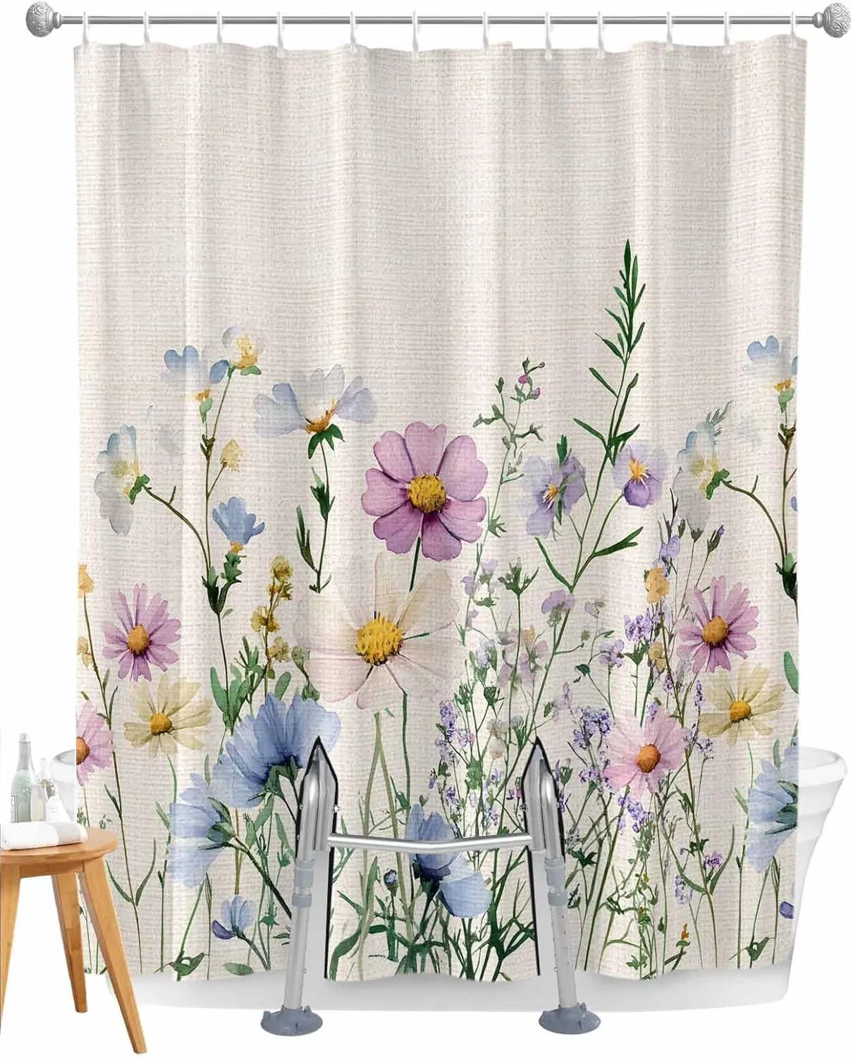 Split Shower Curtain for Transfer Bench, Spring Wildflower Shower Curtain Farmhouse Floral Bath Tub Curtains Rustic Watercolor Botanical Waterproof Fabric Bathroom Curtains Set with Hooks 72"x72"