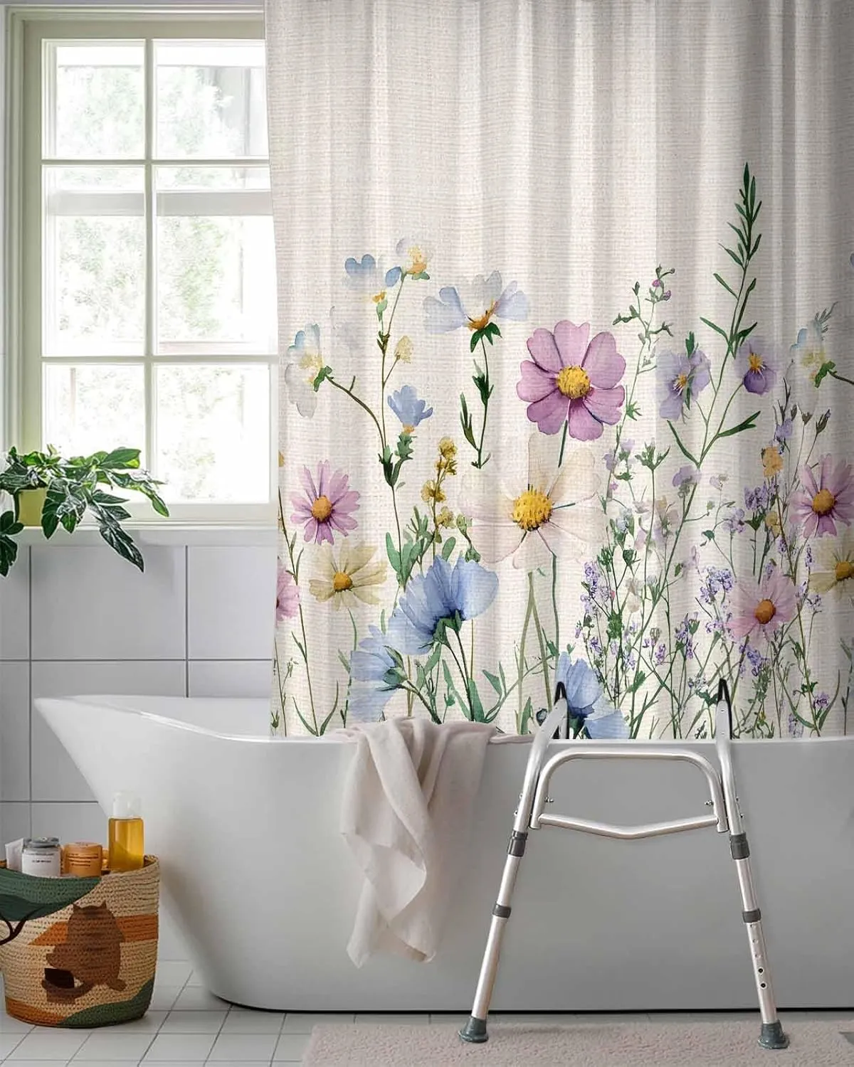 Split Shower Curtain for Transfer Bench, Spring Wildflower Shower Curtain Farmhouse Floral Bath Tub Curtains Rustic Watercolor Botanical Waterproof Fabric Bathroom Curtains Set with Hooks 72"x72"