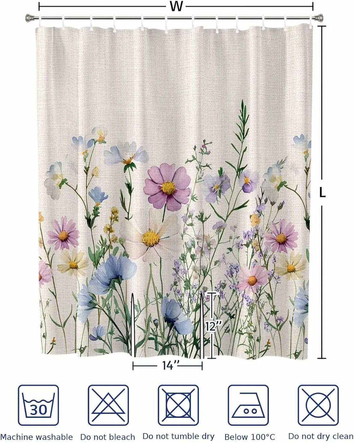 Split Shower Curtain for Transfer Bench, Spring Wildflower Shower Curtain Farmhouse Floral Bath Tub Curtains Rustic Watercolor Botanical Waterproof Fabric Bathroom Curtains Set with Hooks 72"x72"