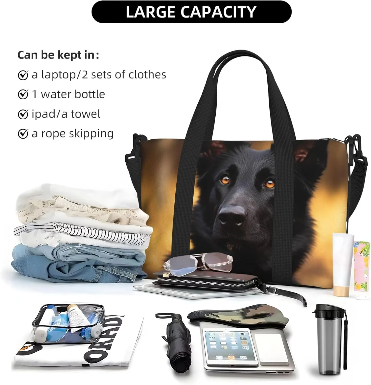 Sports Gym Bag for Women Men Travel Duffel Bag Tote Black german shepherd dog Weekender Bag Canvas Carry on Overnight Bag for Travel Swimming Fitness Workout Sports Duffle Bag
