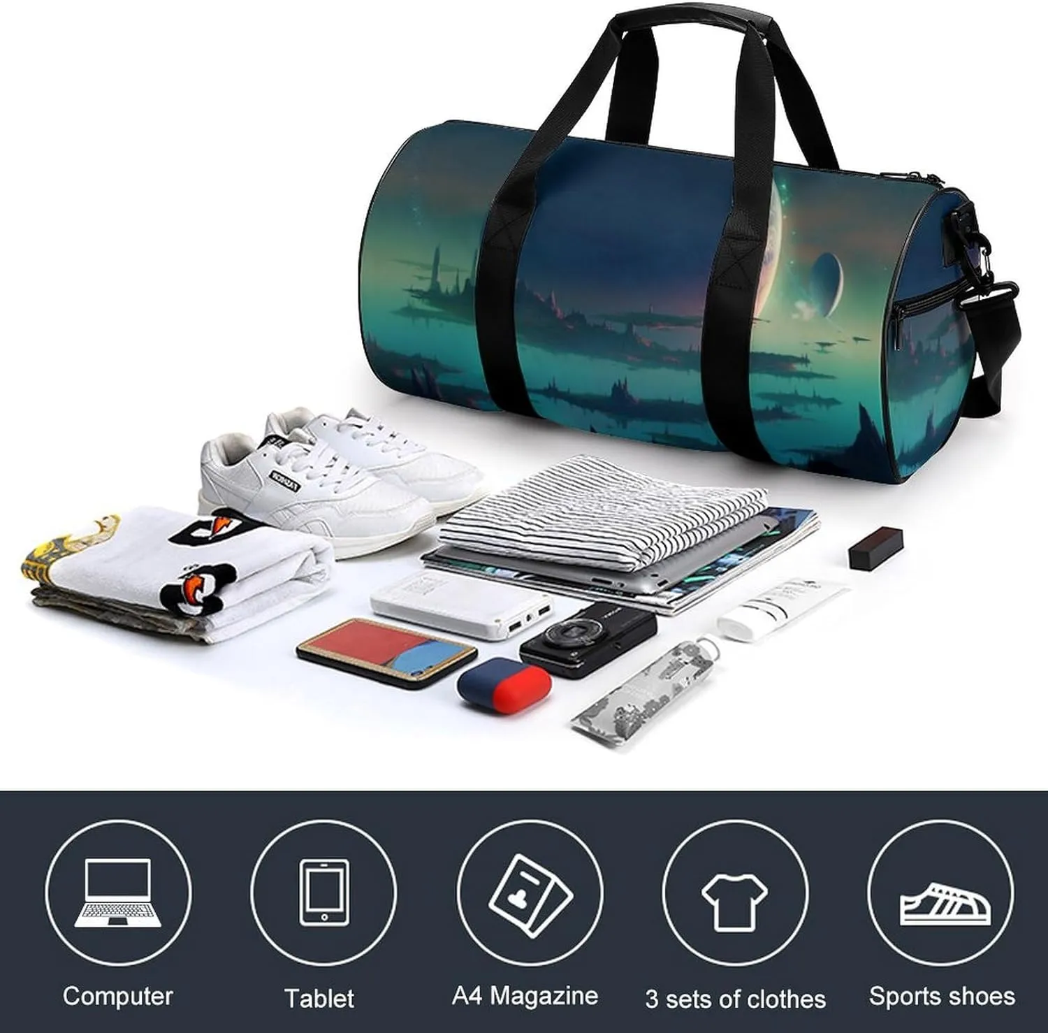 Sports Gym Bag for Women Men Travel Duffel Bag Tote Weekender Bag Art Planet World Carry on Overnight Bag for Travel Swimming Fitness Workout Sports Duffle Bag