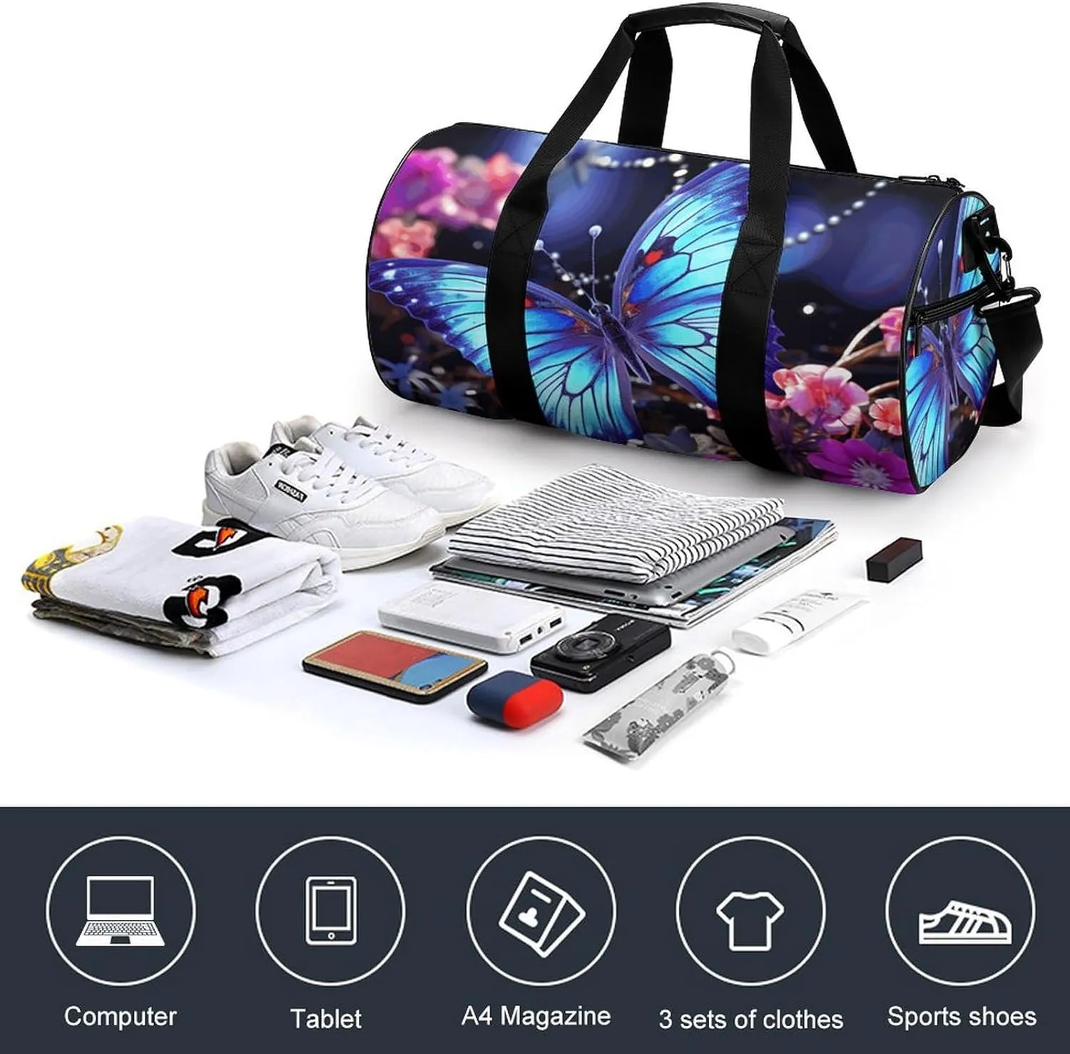 Sports Gym Bag for Women Men Travel Duffel Bag Tote Weekender Bag Beauty Butterfly Carry on Overnight Bag for Travel Swimming Fitness Workout Sports Duffle Bag