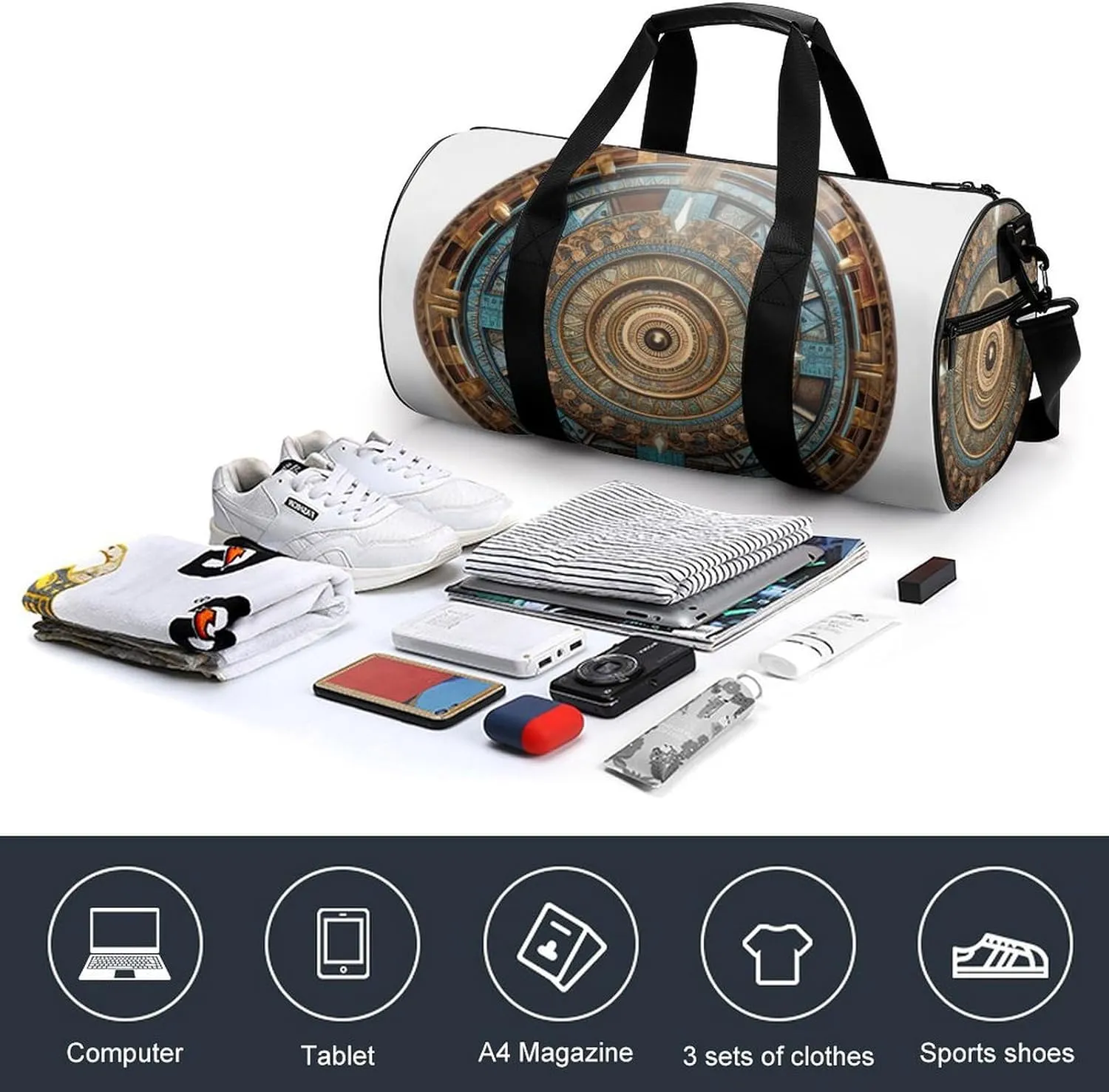 Sports Gym Bag for Women Men Travel Duffel Bag Tote Weekender Bag Brown Round Carry on Overnight Bag for Travel Swimming Fitness Workout Sports Duffle Bag