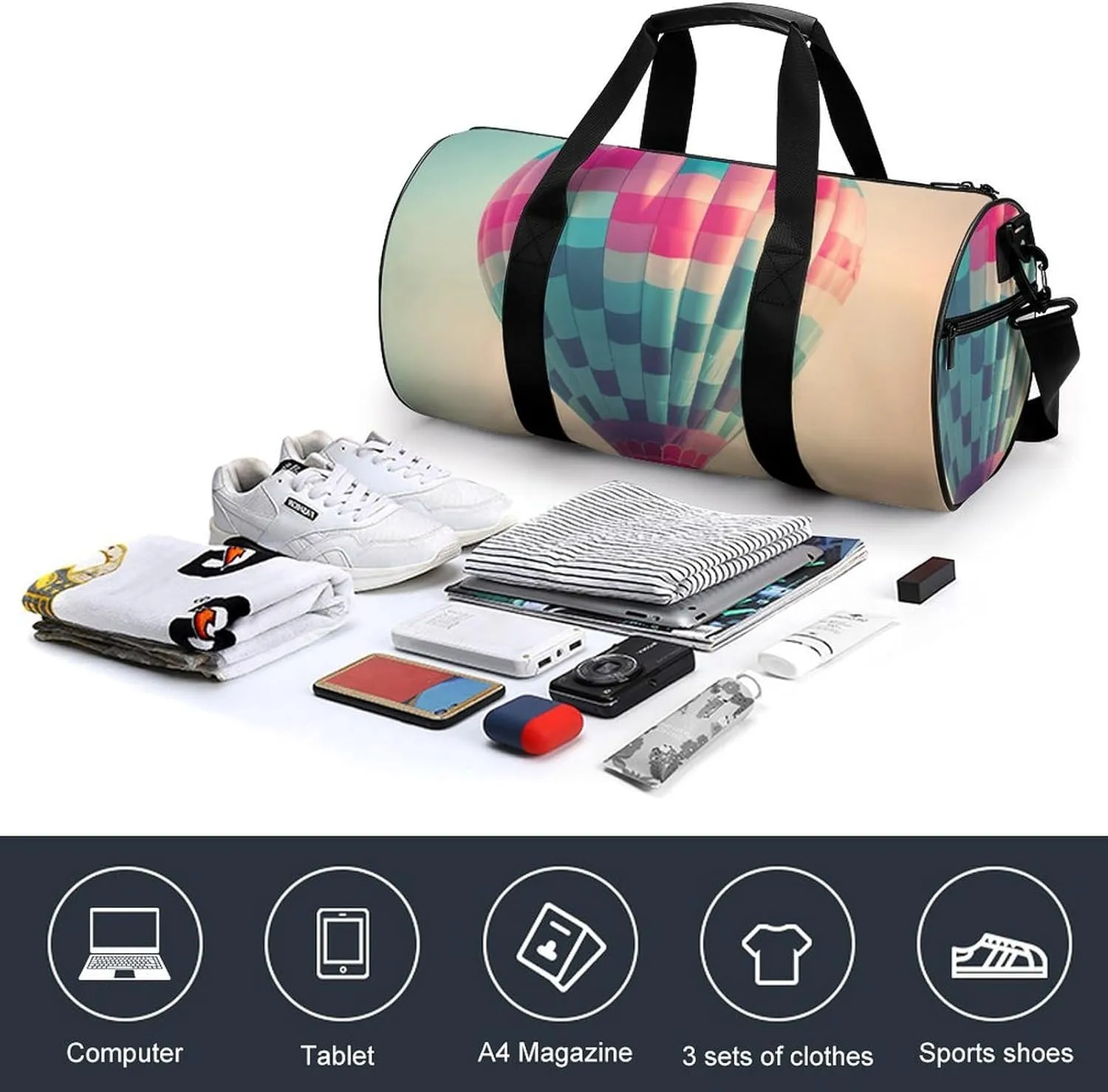 Sports Gym Bag for Women Men Travel Duffel Bag Tote Weekender Bag Hot Air Balloon In The Sky Carry on Overnight Bag for Travel Swimming Fitness Workout Sports Duffle Bag