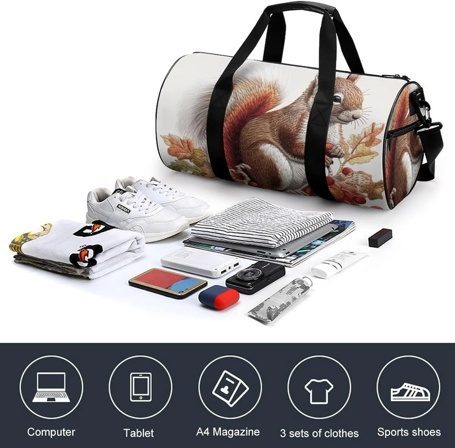 Sports Gym Bag for Women Men Travel Duffel Bag Tote Weekender Bag Leaves And Squirrel Carry on Overnight Bag for Travel Swimming Fitness Workout Sports Duffle Bag