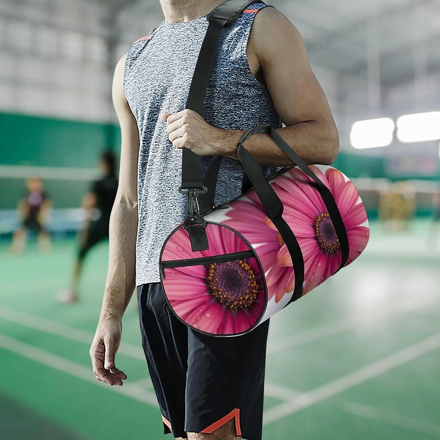 Sports Gym Bag for Women Men Travel Duffel Bag Tote Weekender Bag Pink Daisy Flower Carry on Overnight Bag for Travel Swimming Fitness Workout Sports Duffle Bag