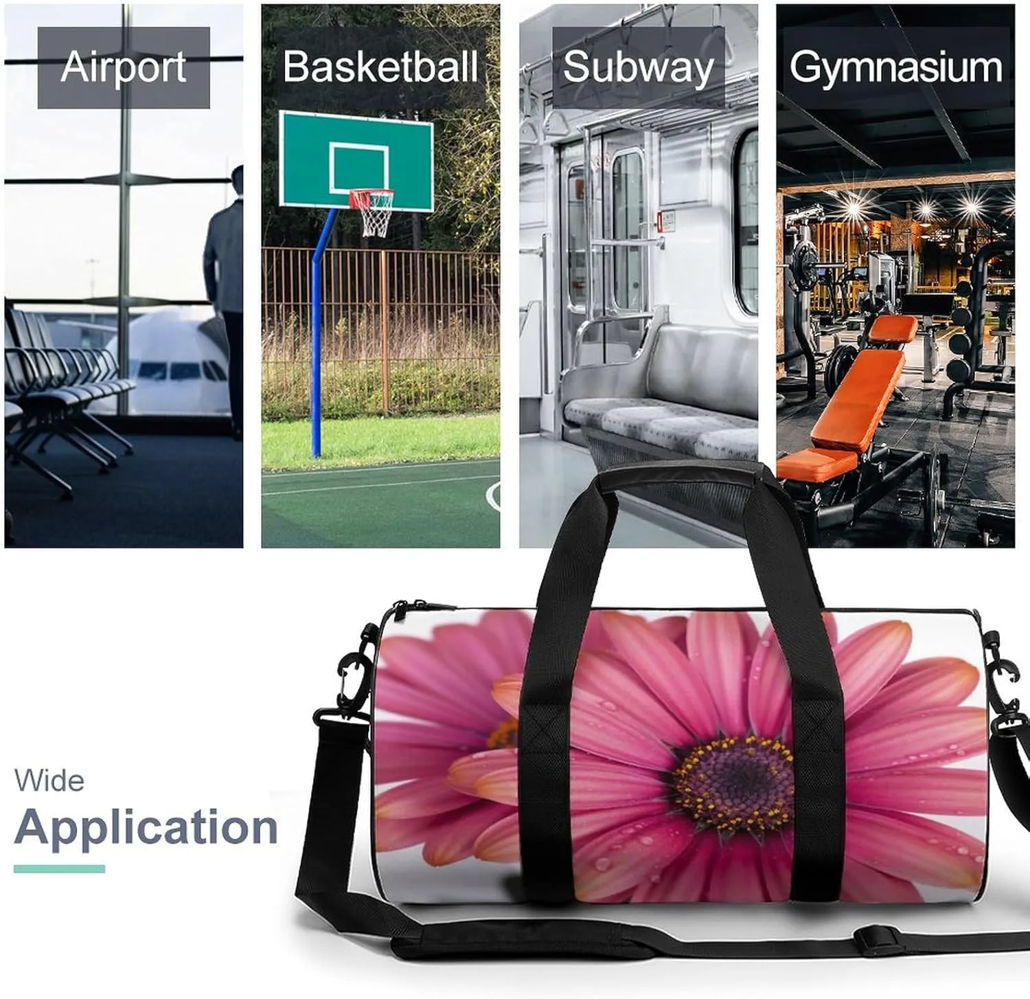Sports Gym Bag for Women Men Travel Duffel Bag Tote Weekender Bag Pink Daisy Flower Carry on Overnight Bag for Travel Swimming Fitness Workout Sports Duffle Bag