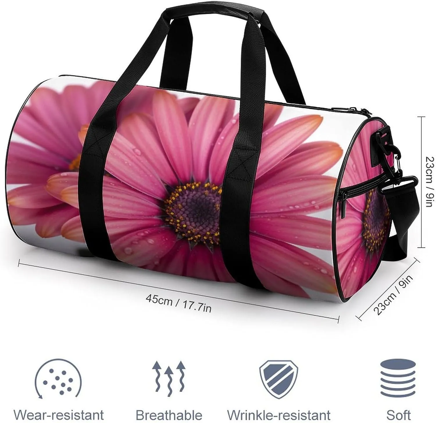 Sports Gym Bag for Women Men Travel Duffel Bag Tote Weekender Bag Pink Daisy Flower Carry on Overnight Bag for Travel Swimming Fitness Workout Sports Duffle Bag