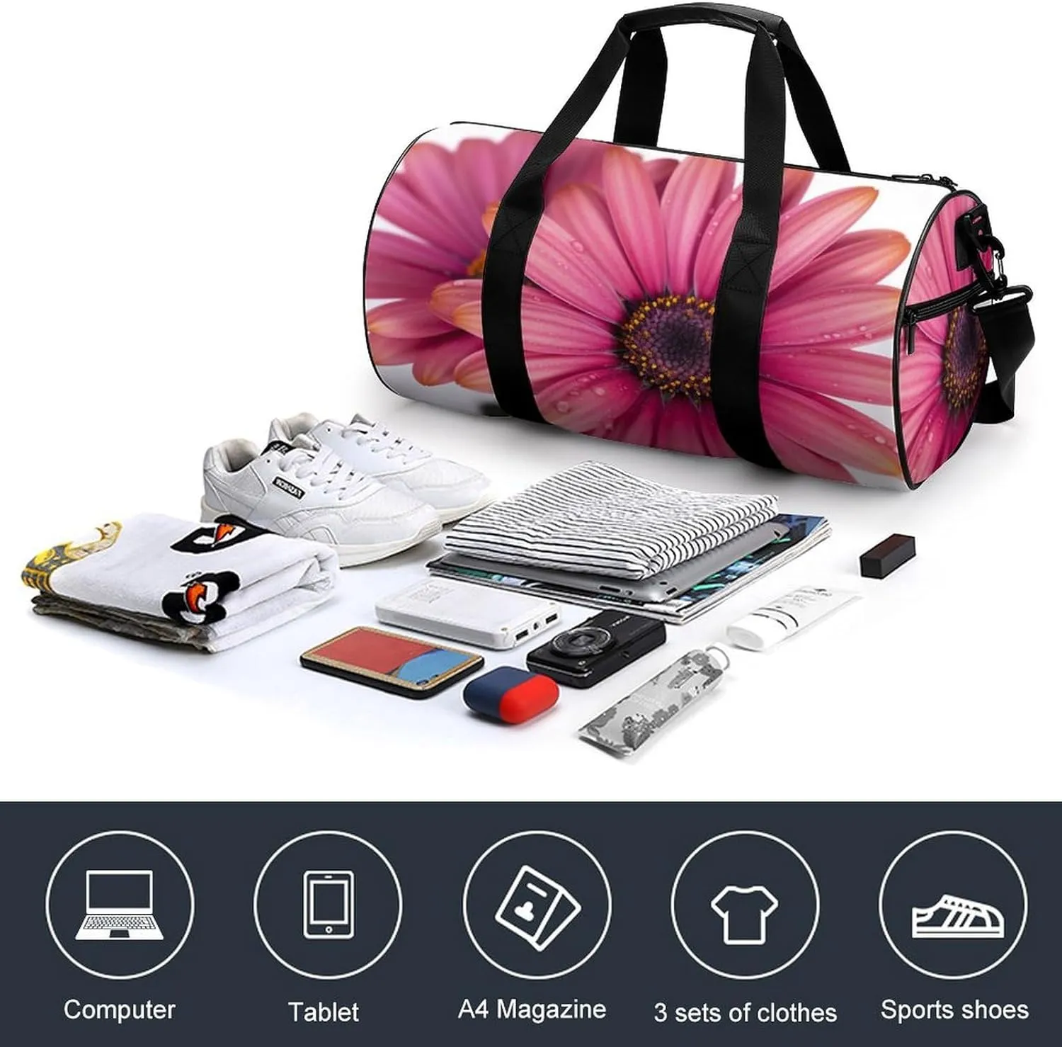 Sports Gym Bag for Women Men Travel Duffel Bag Tote Weekender Bag Pink Daisy Flower Carry on Overnight Bag for Travel Swimming Fitness Workout Sports Duffle Bag
