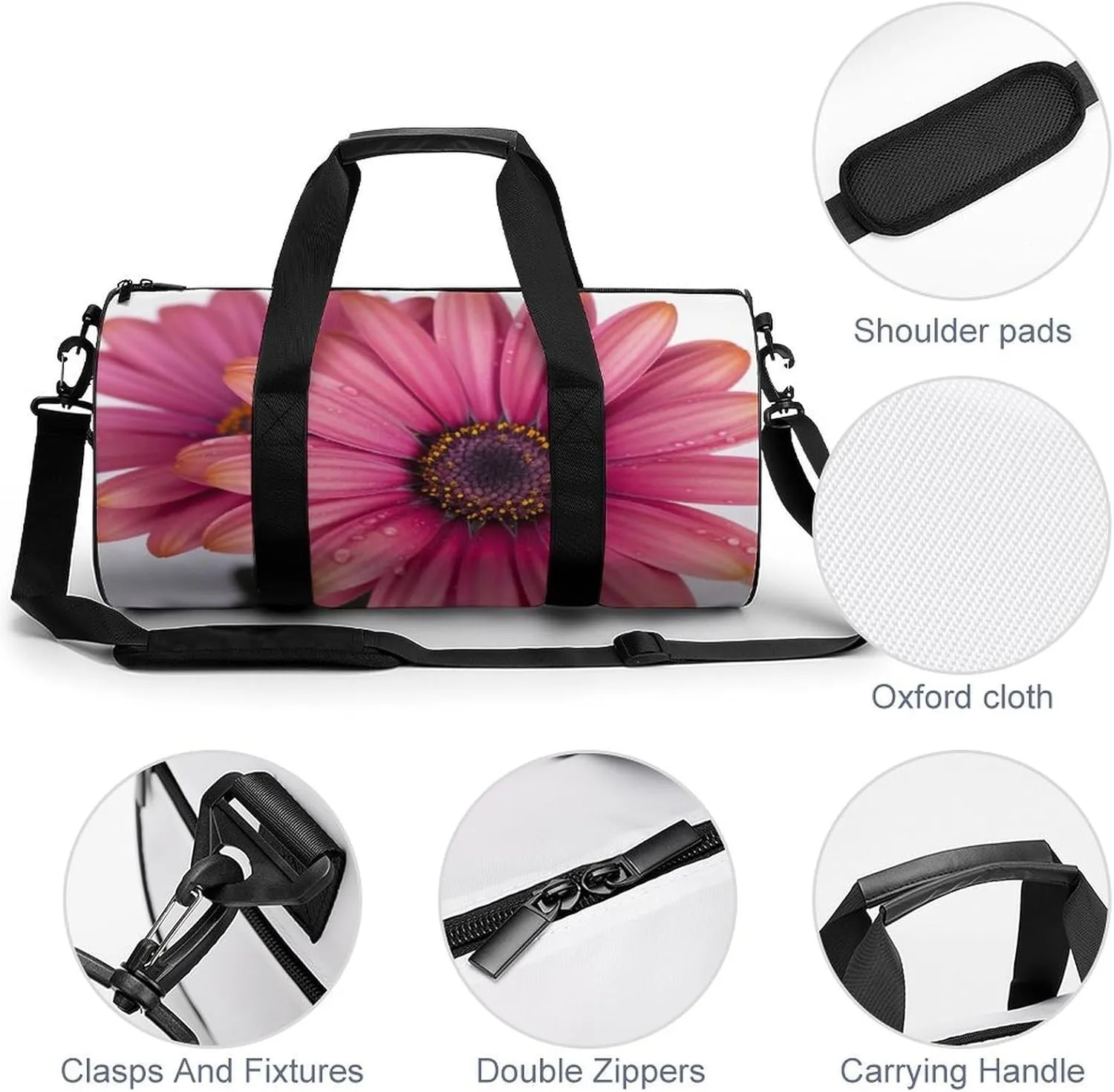 Sports Gym Bag for Women Men Travel Duffel Bag Tote Weekender Bag Pink Daisy Flower Carry on Overnight Bag for Travel Swimming Fitness Workout Sports Duffle Bag